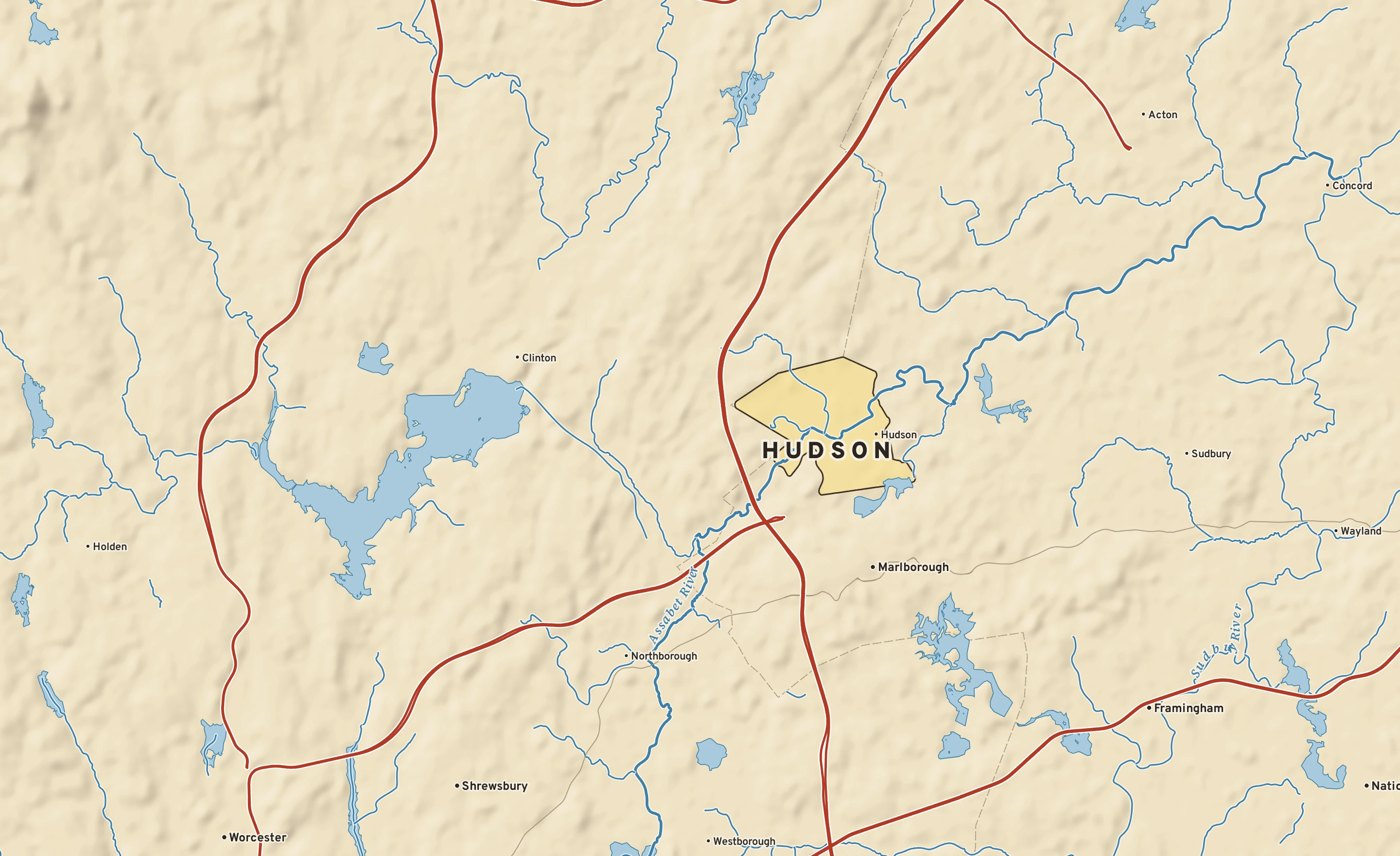 Shaded-relief atlas plate of Hudson, Massachusetts: rivers, roads, the city limits and where the water drains.