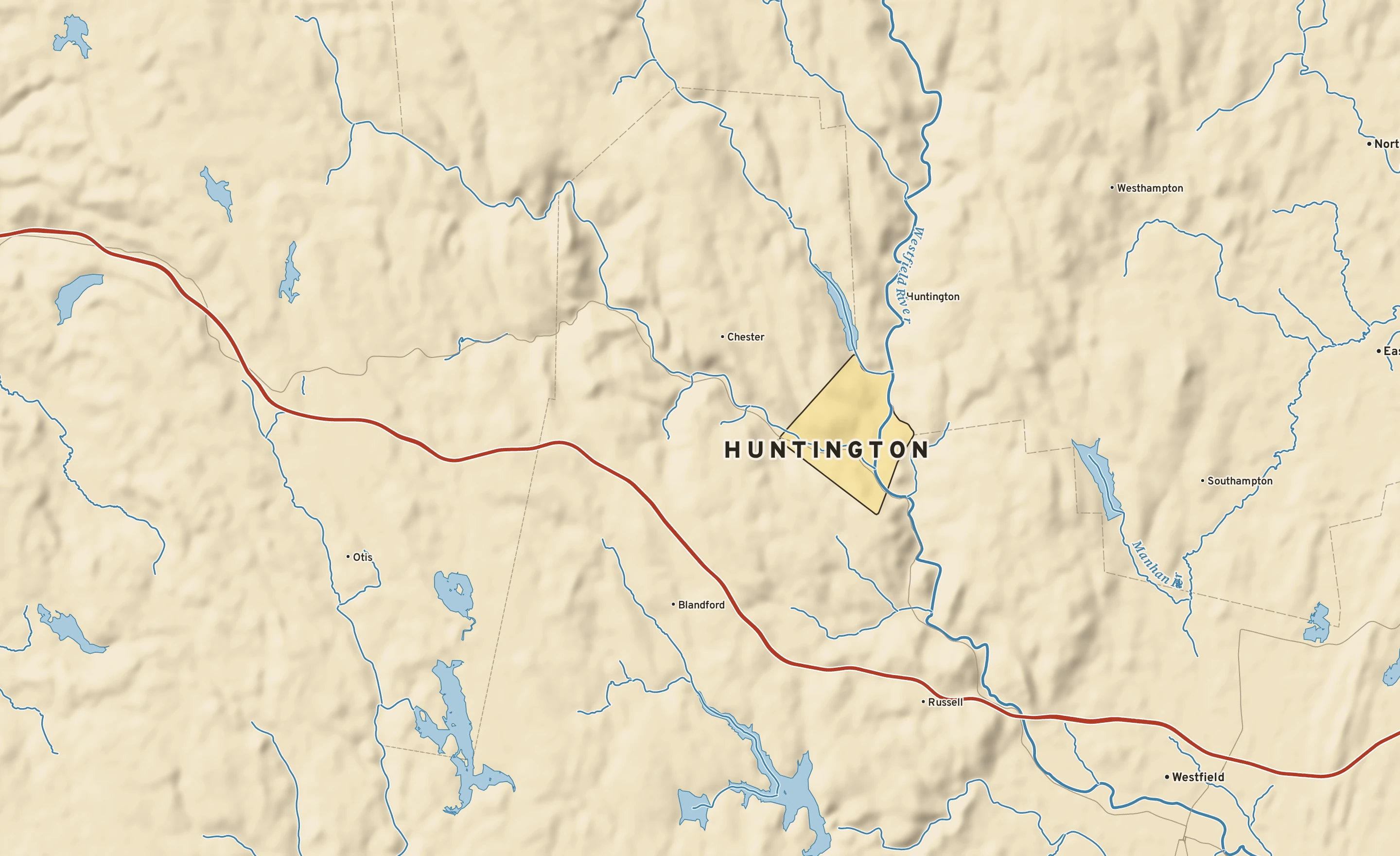Shaded-relief atlas plate of Huntington, Massachusetts: rivers, roads, the city limits and where the water drains.