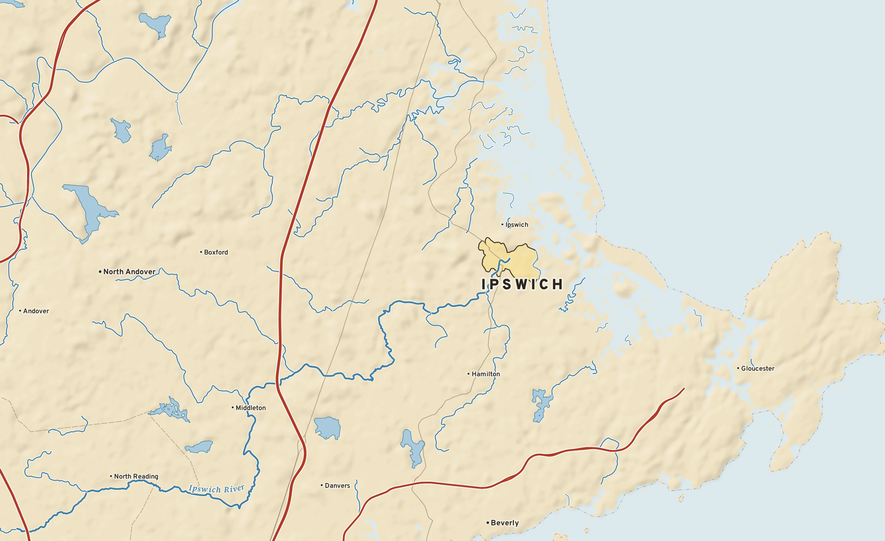 Shaded-relief atlas plate of Ipswich, Massachusetts: rivers, roads, the city limits and where the water drains.