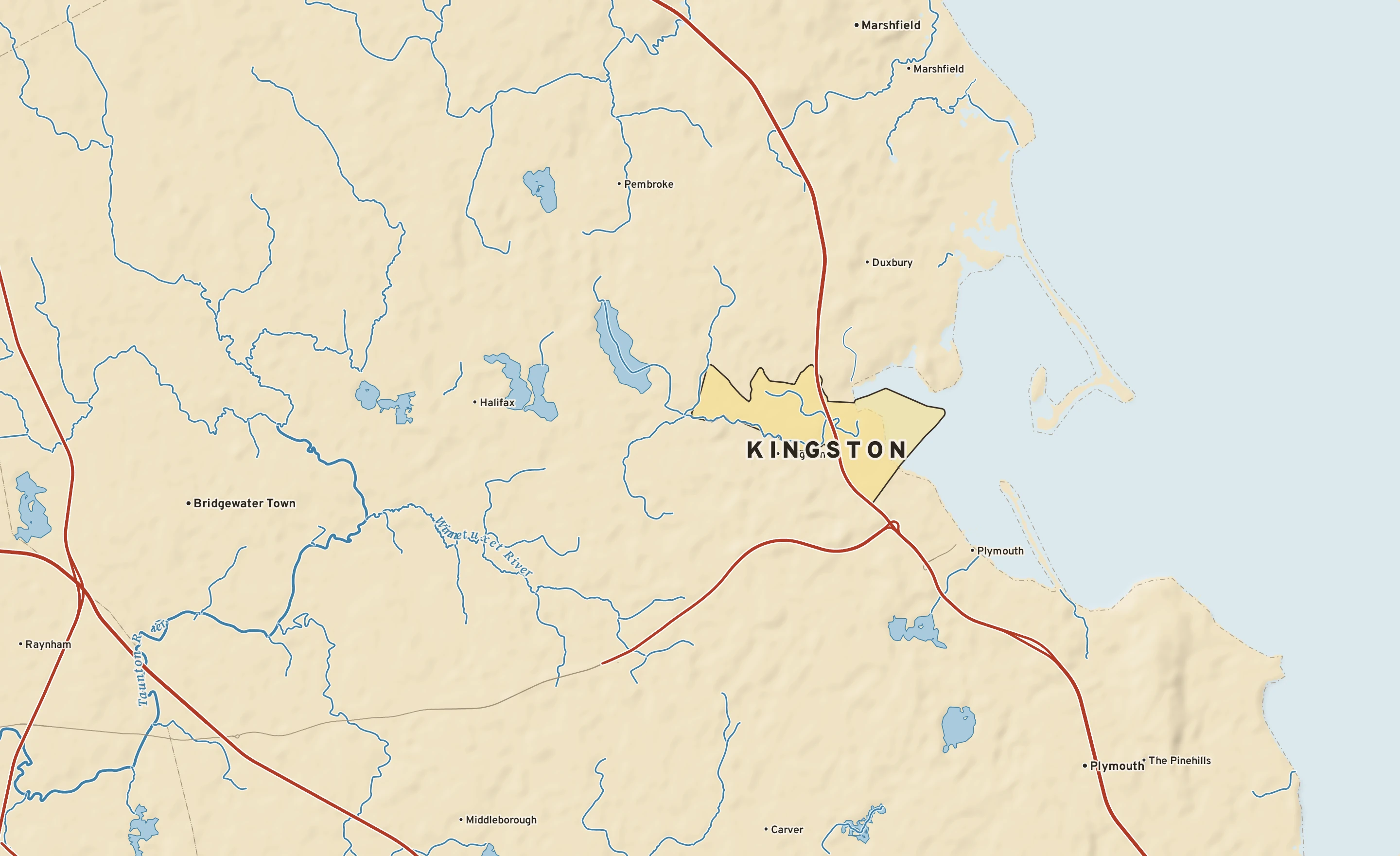 Shaded-relief atlas plate of Kingston, Massachusetts: rivers, roads, the city limits and where the water drains.