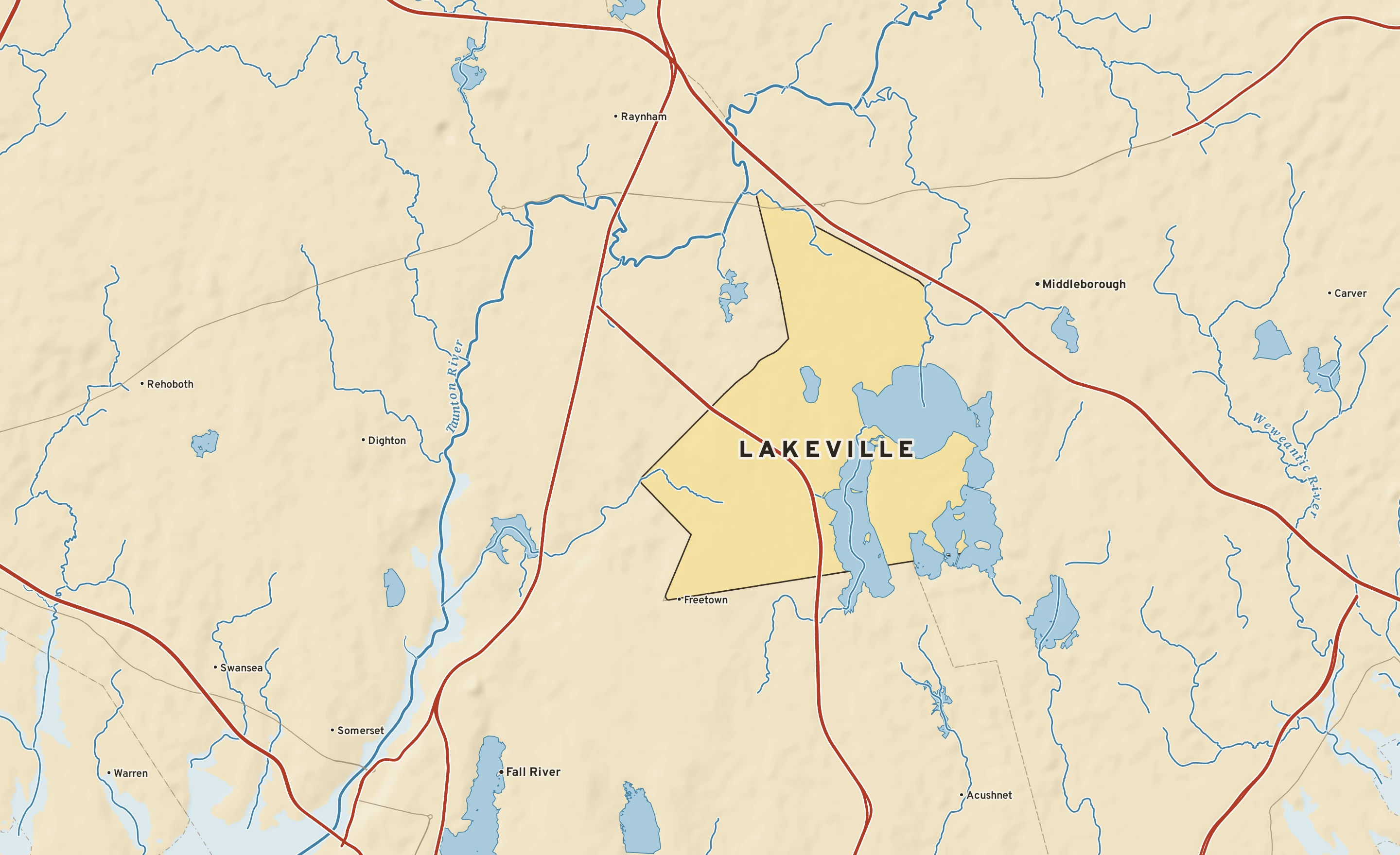 Shaded-relief atlas plate of Lakeville, Massachusetts: rivers, roads, the city limits and where the water drains.