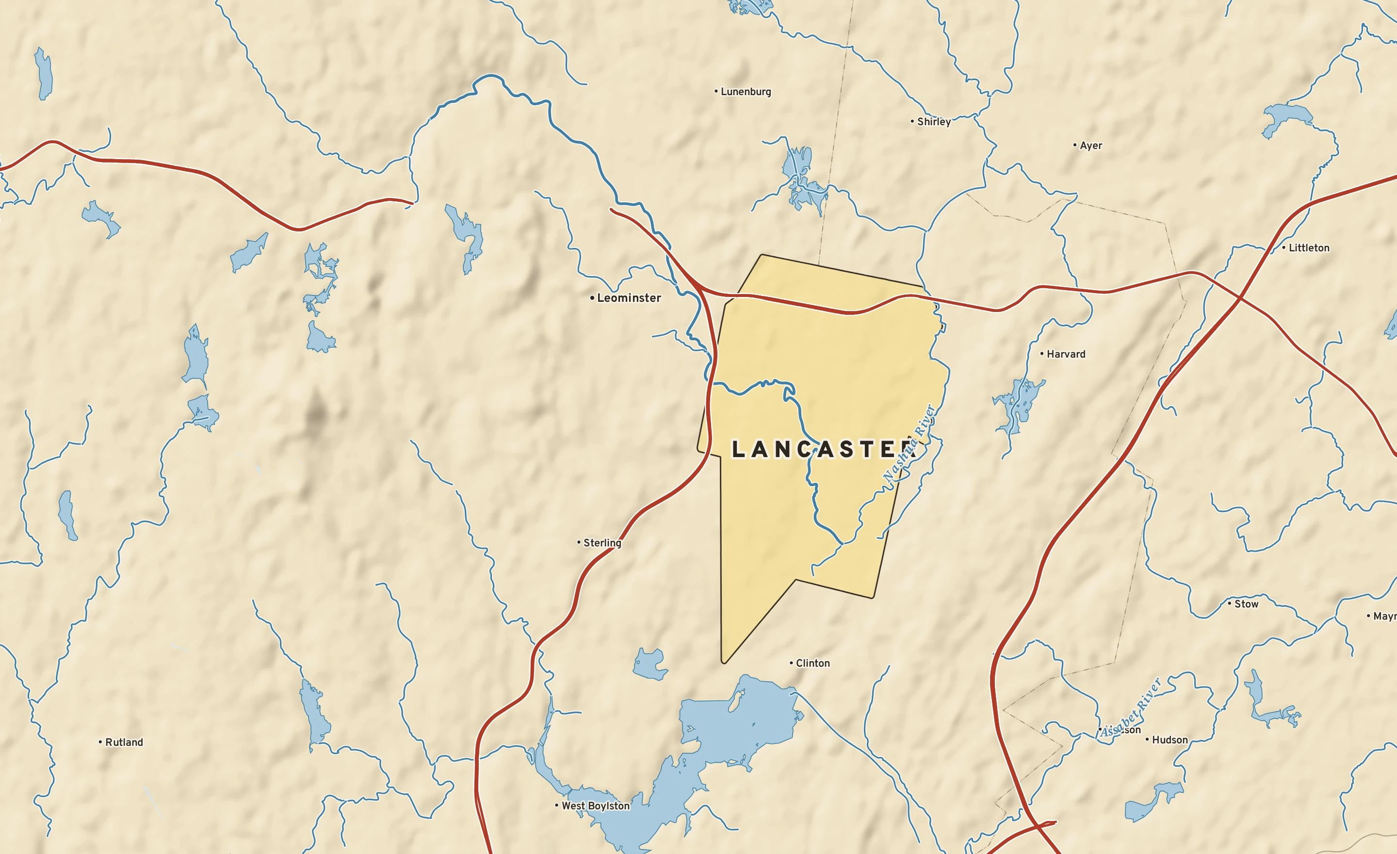 Shaded-relief atlas plate of Lancaster, Massachusetts: rivers, roads, the city limits and where the water drains.