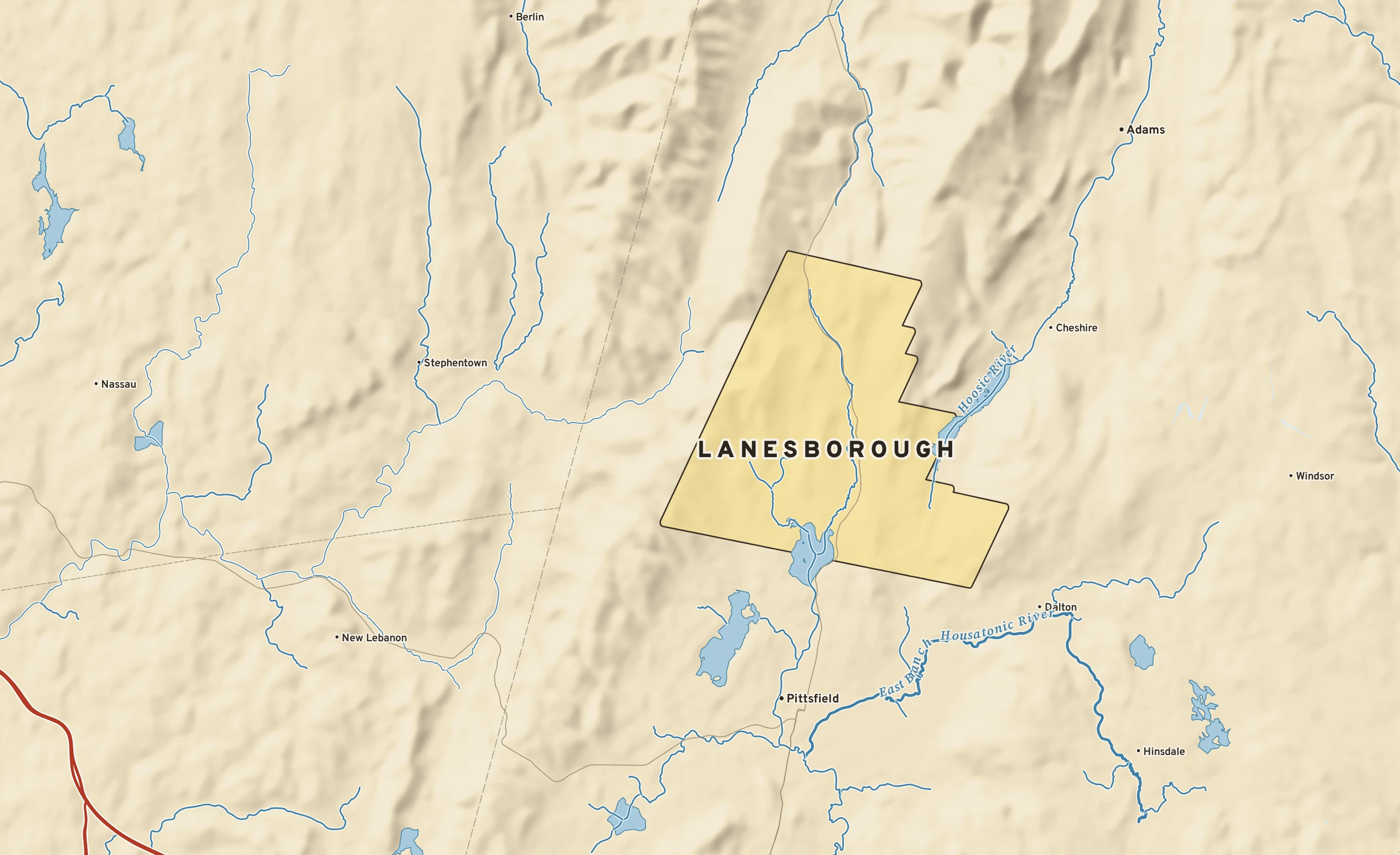 Shaded-relief atlas plate of Lanesborough, Massachusetts: rivers, roads, the city limits and where the water drains.