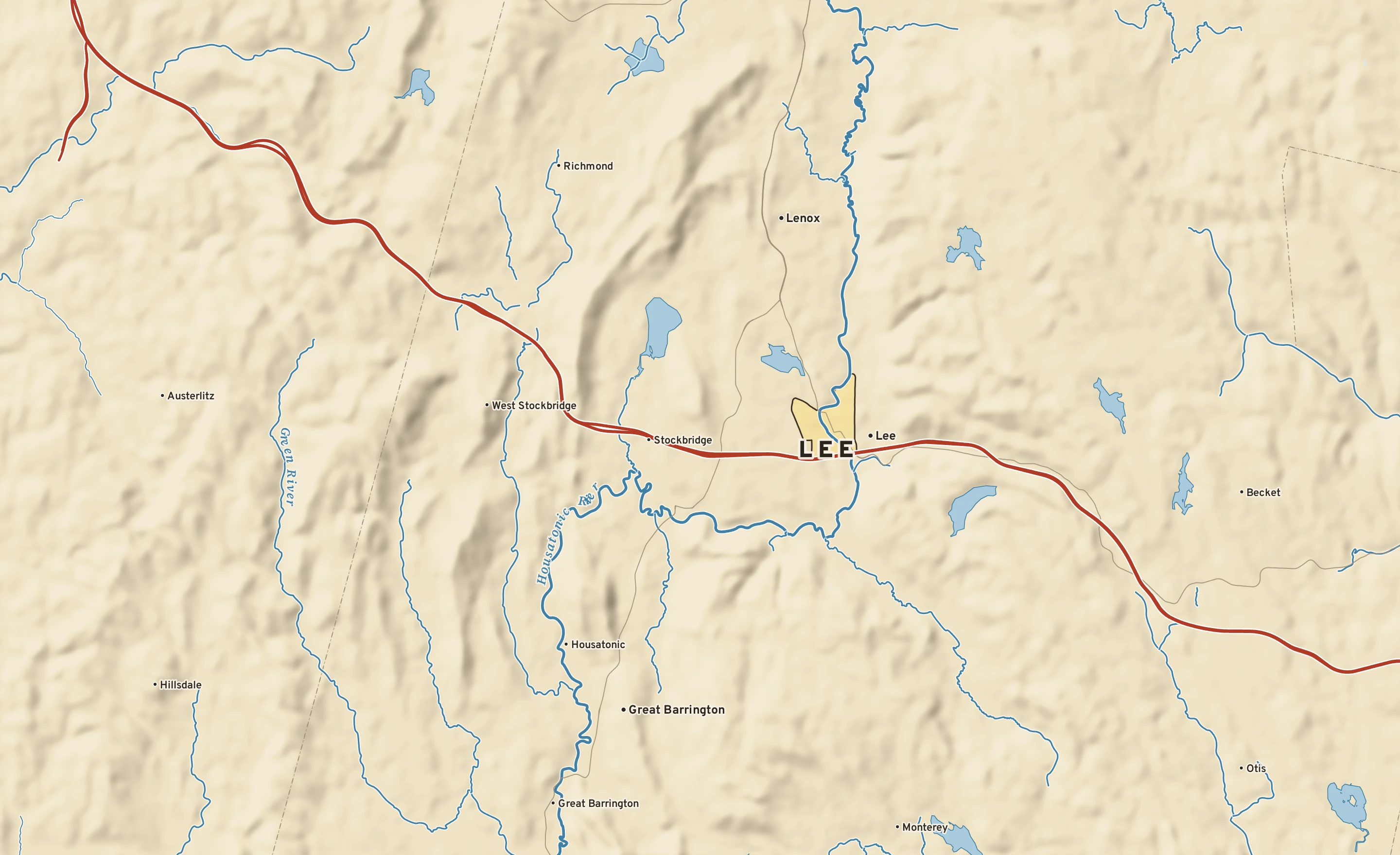 Shaded-relief atlas plate of Lee, Massachusetts: rivers, roads, the city limits and where the water drains.