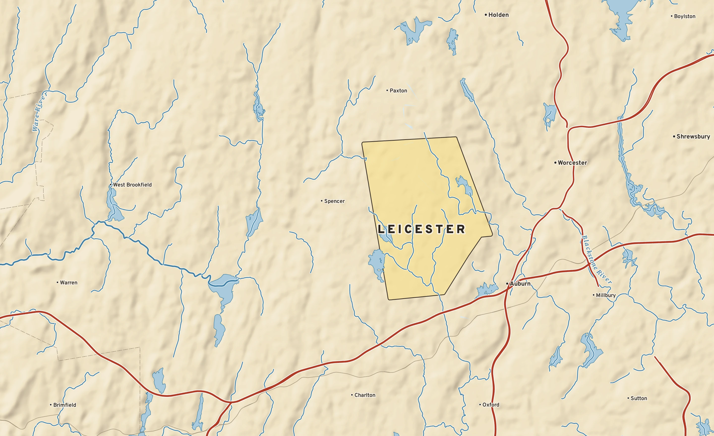 Shaded-relief atlas plate of Leicester, Massachusetts: rivers, roads, the city limits and where the water drains.