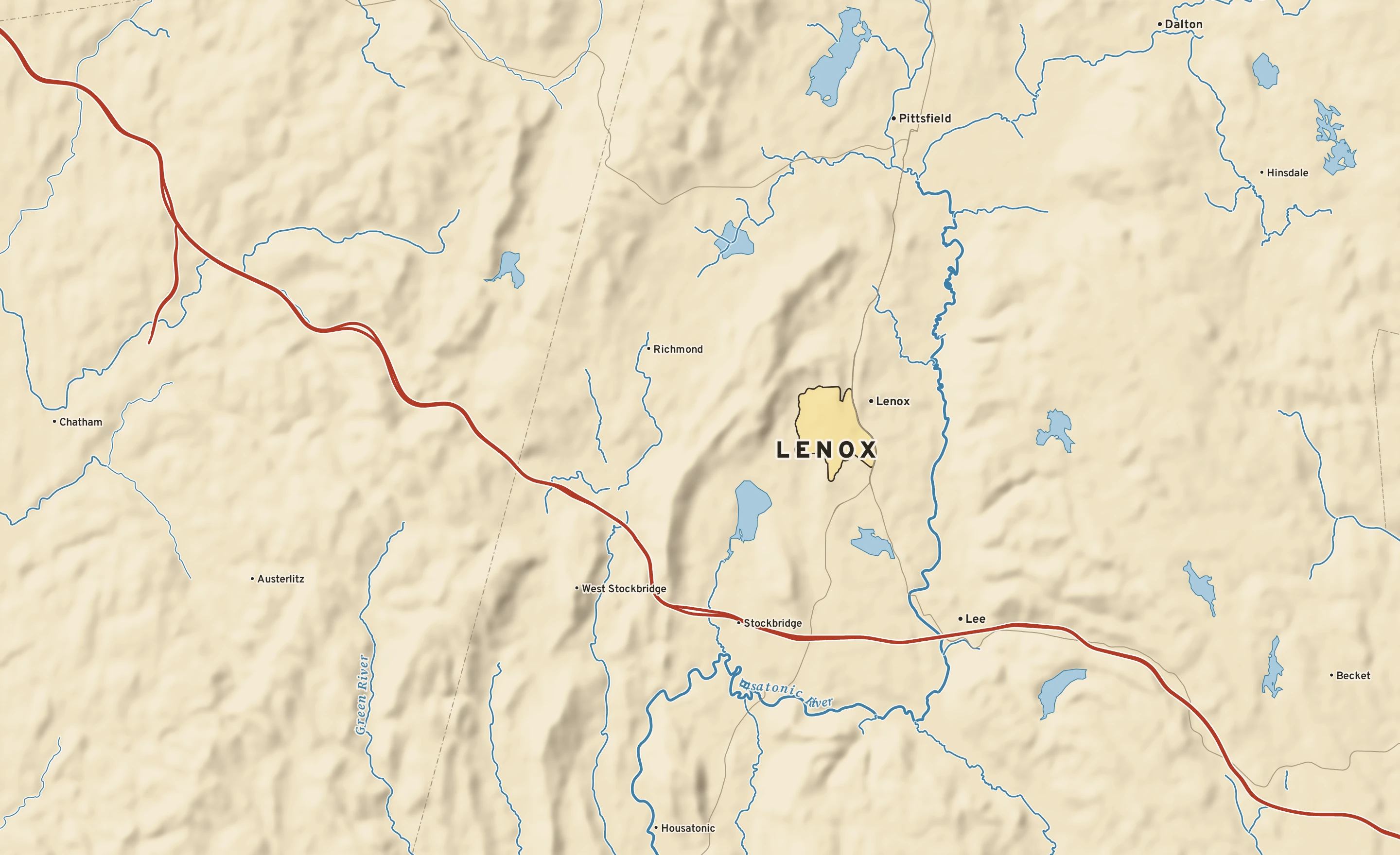 Shaded-relief atlas plate of Lenox, Massachusetts: rivers, roads, the city limits and where the water drains.