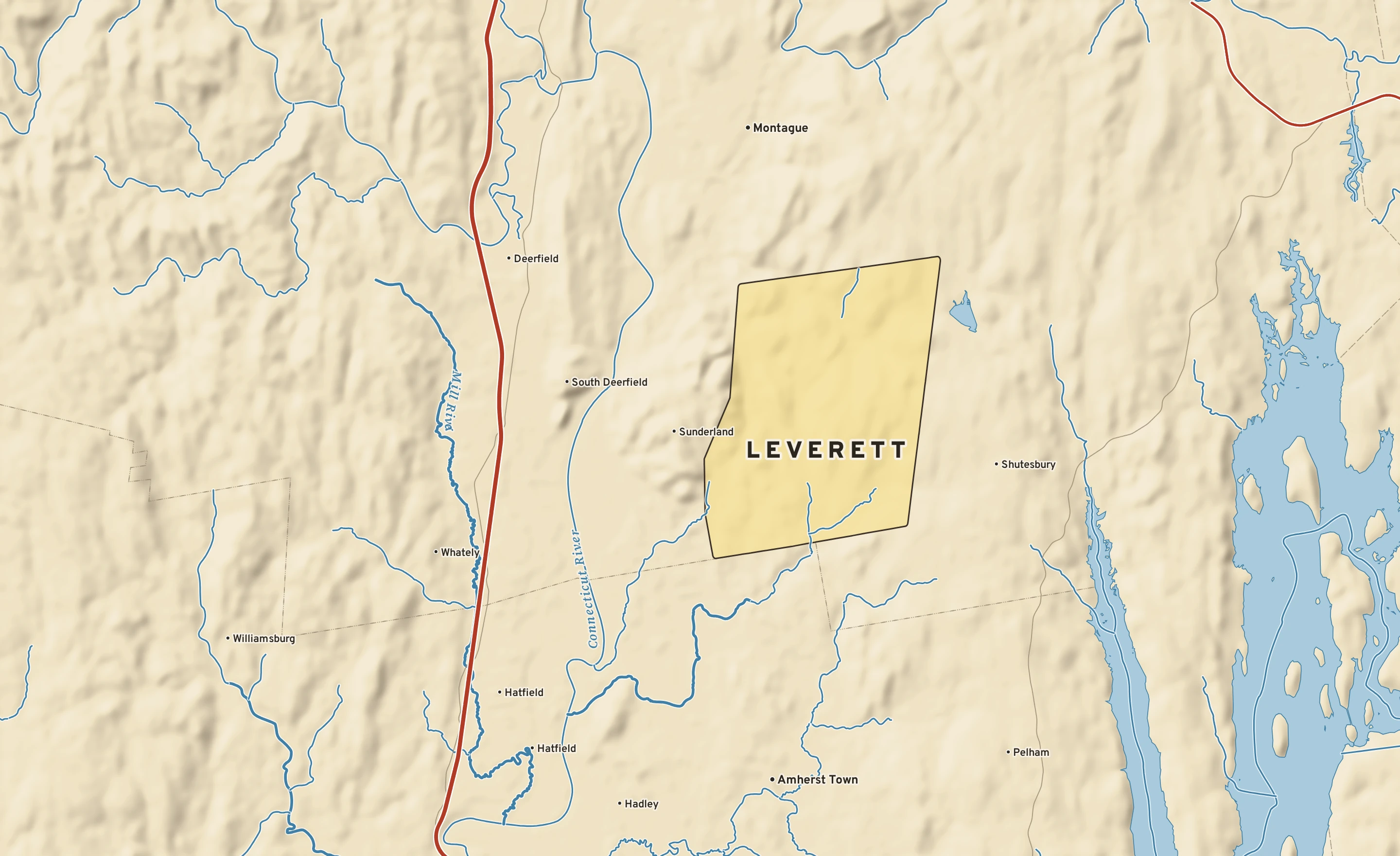 Shaded-relief atlas plate of Leverett, Massachusetts: rivers, roads, the city limits and where the water drains.