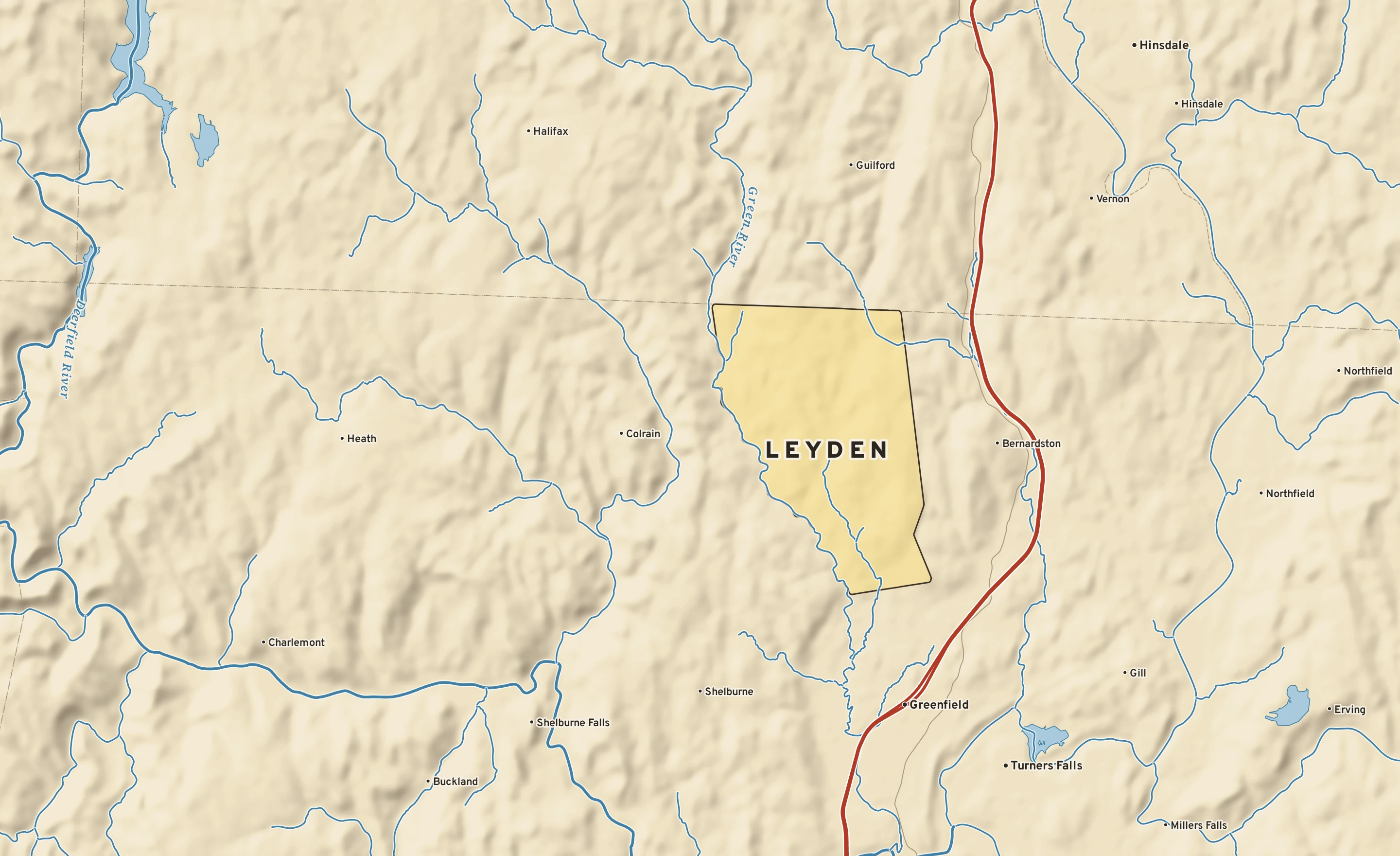 Shaded-relief atlas plate of Leyden, Massachusetts: rivers, roads, the city limits and where the water drains.