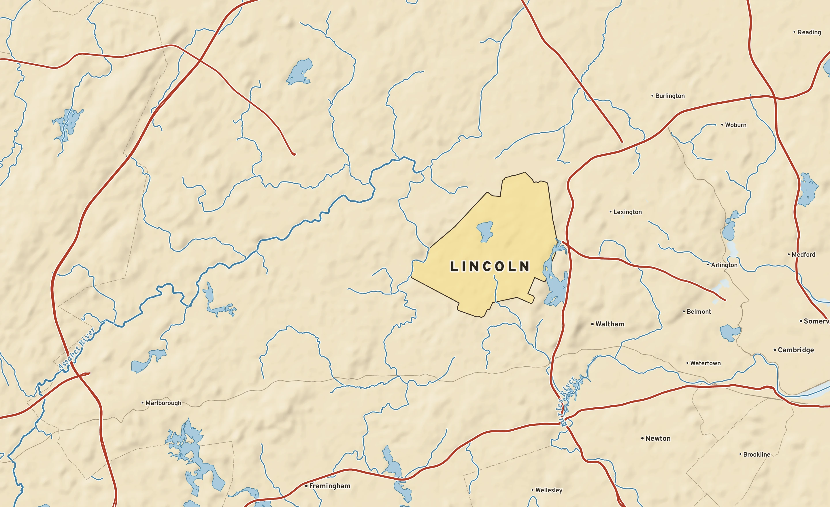 Shaded-relief atlas plate of Lincoln, Massachusetts: rivers, roads, the city limits and where the water drains.