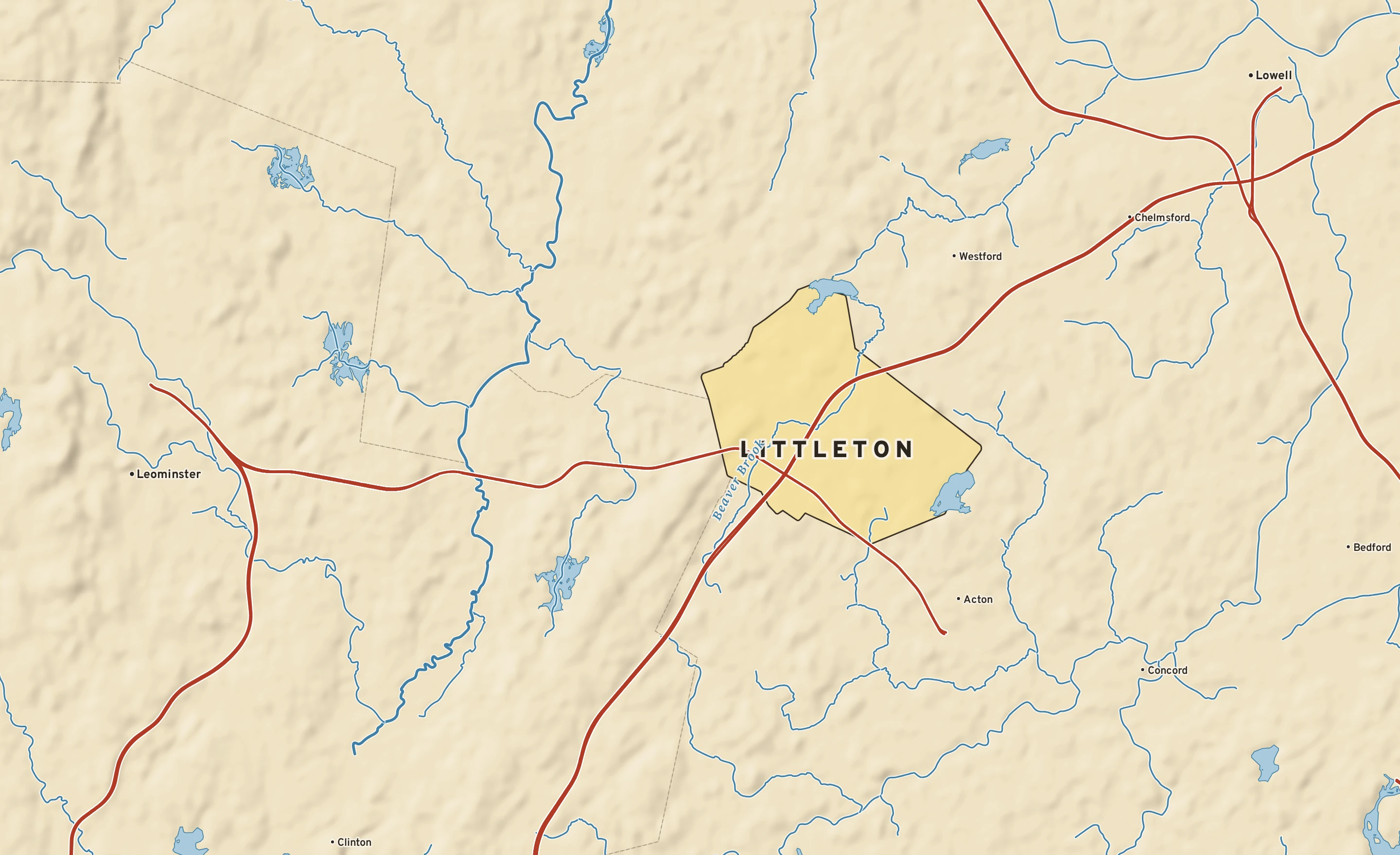 Shaded-relief atlas plate of Littleton, Massachusetts: rivers, roads, the city limits and where the water drains.