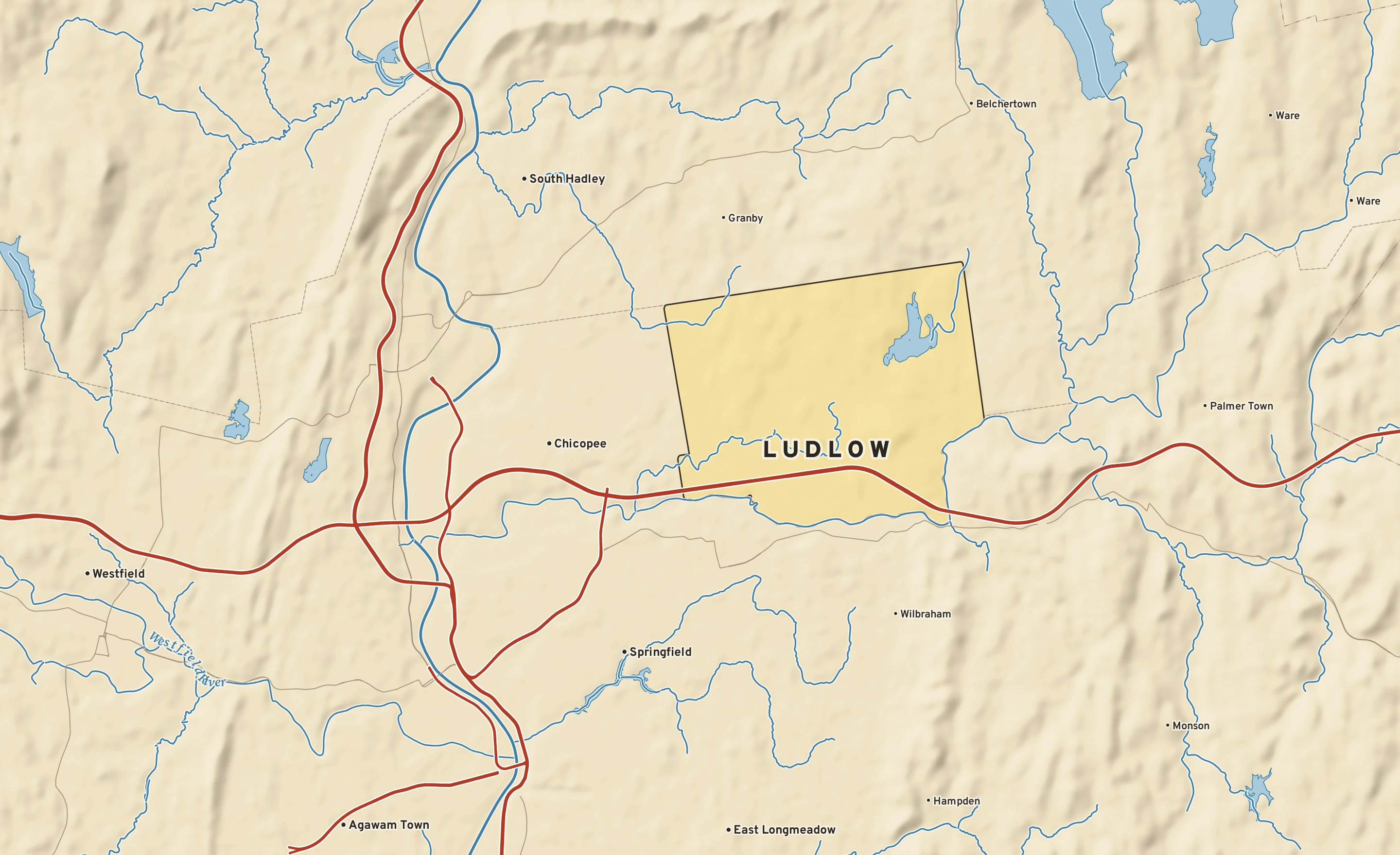 Shaded-relief atlas plate of Ludlow, Massachusetts: rivers, roads, the city limits and where the water drains.