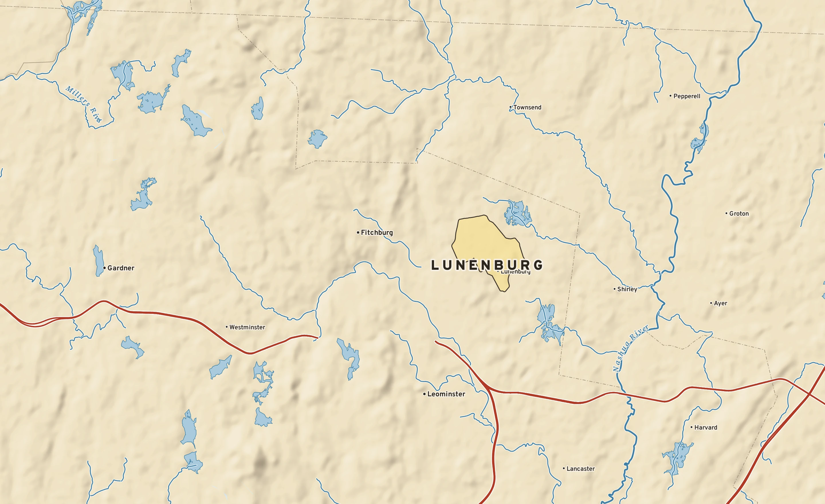 Shaded-relief atlas plate of Lunenburg, Massachusetts: rivers, roads, the city limits and where the water drains.