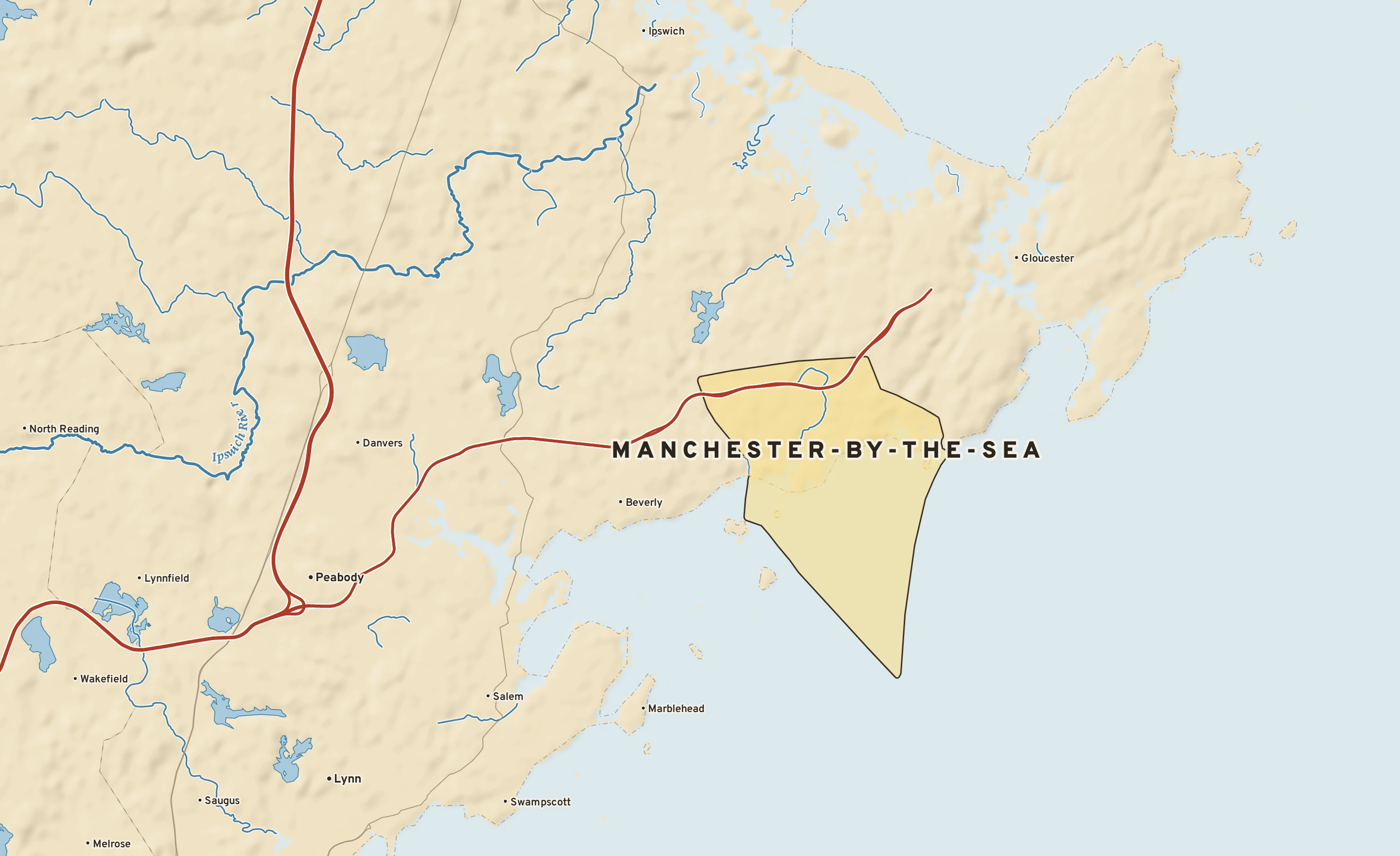 Shaded-relief atlas plate of Manchester-by-the-Sea, Massachusetts: rivers, roads, the city limits and where the water drains.