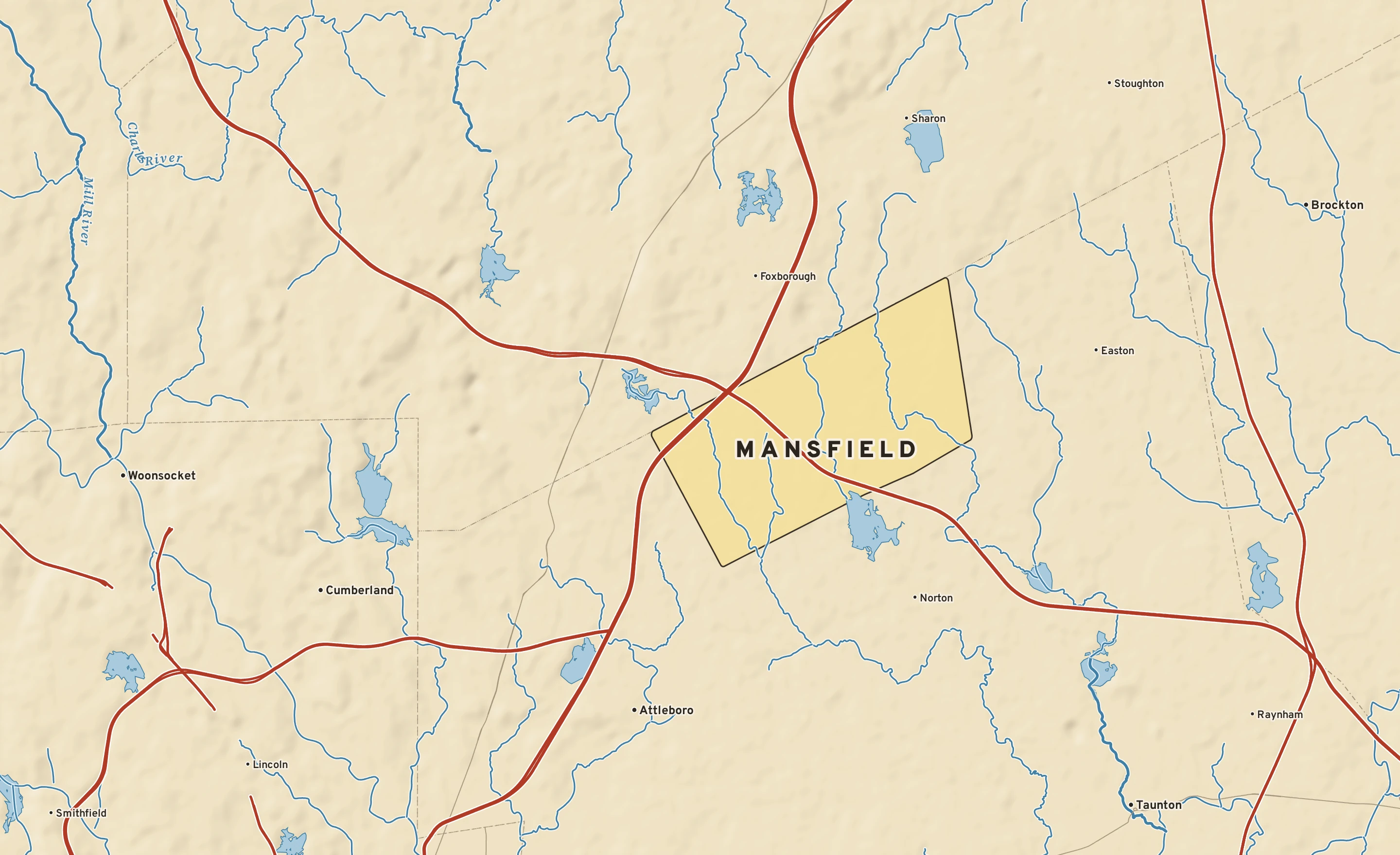 Shaded-relief atlas plate of Mansfield, Massachusetts: rivers, roads, the city limits and where the water drains.