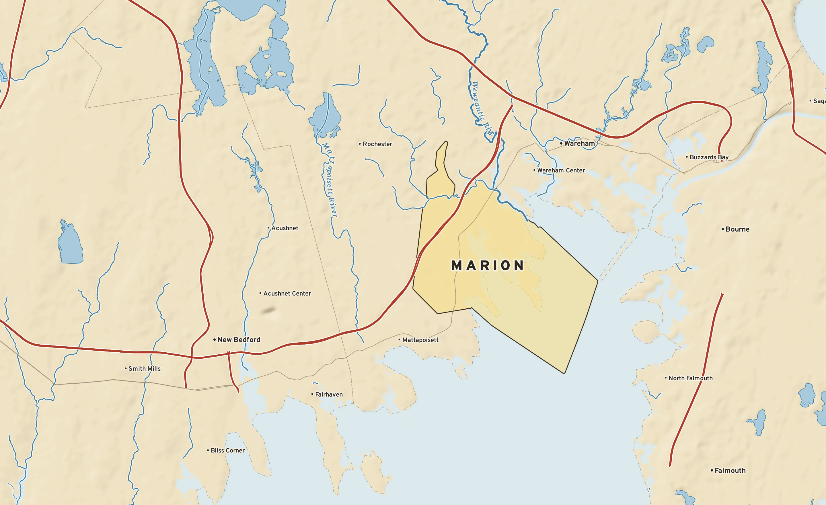 Shaded-relief atlas plate of Marion, Massachusetts: rivers, roads, the city limits and where the water drains.