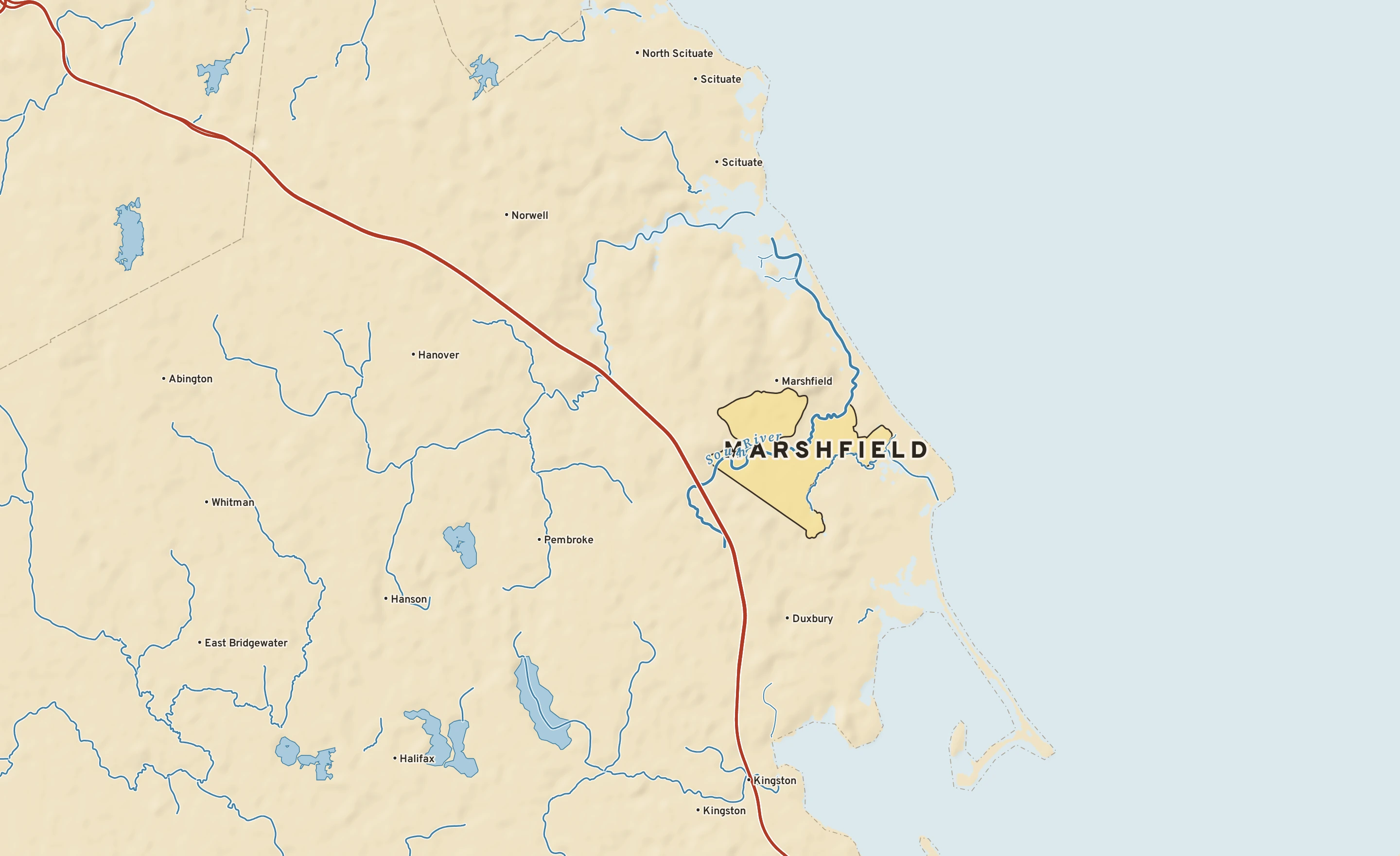Shaded-relief atlas plate of Marshfield, Massachusetts: rivers, roads, the city limits and where the water drains.