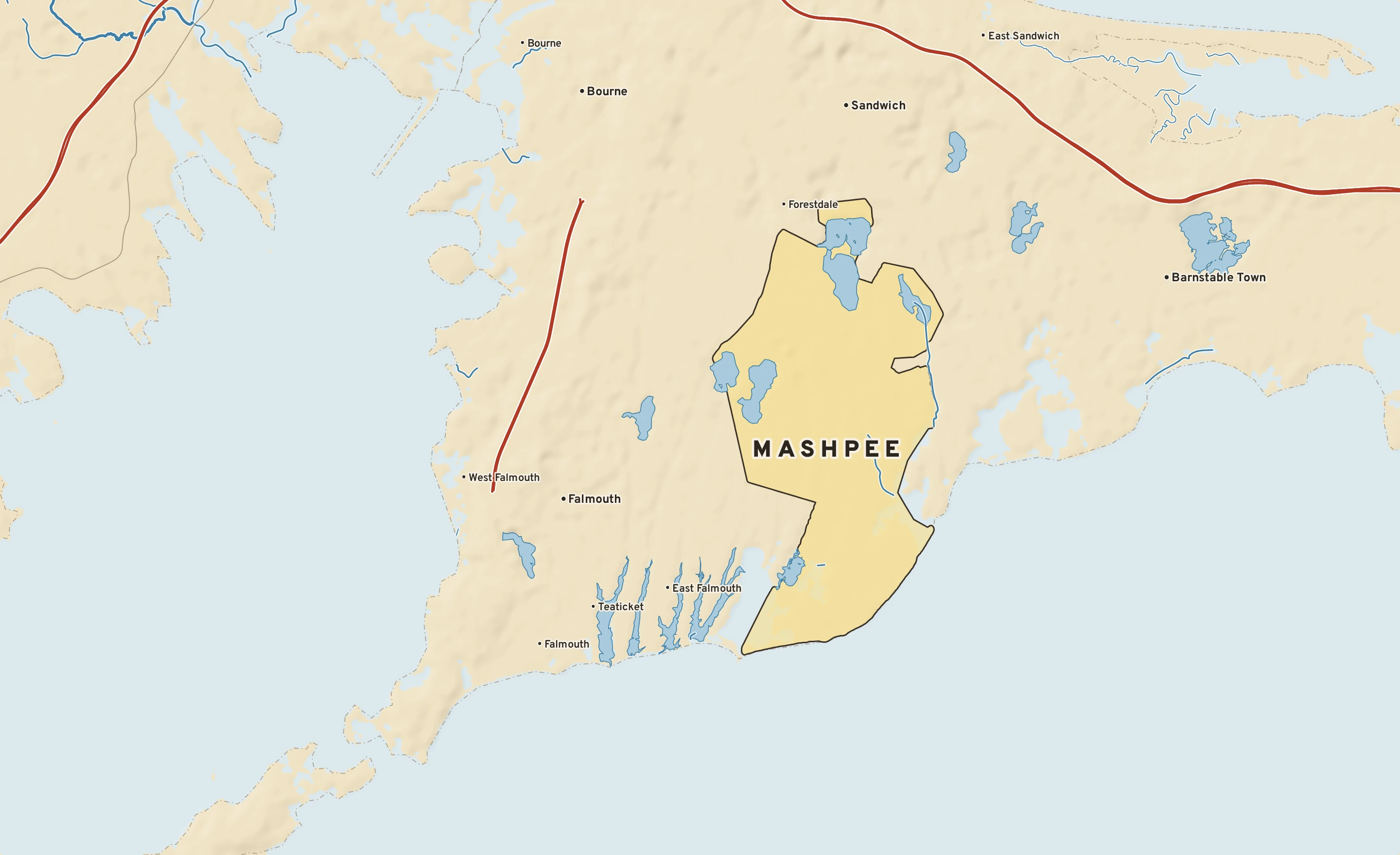 Shaded-relief atlas plate of Mashpee, Massachusetts: rivers, roads, the city limits and where the water drains.