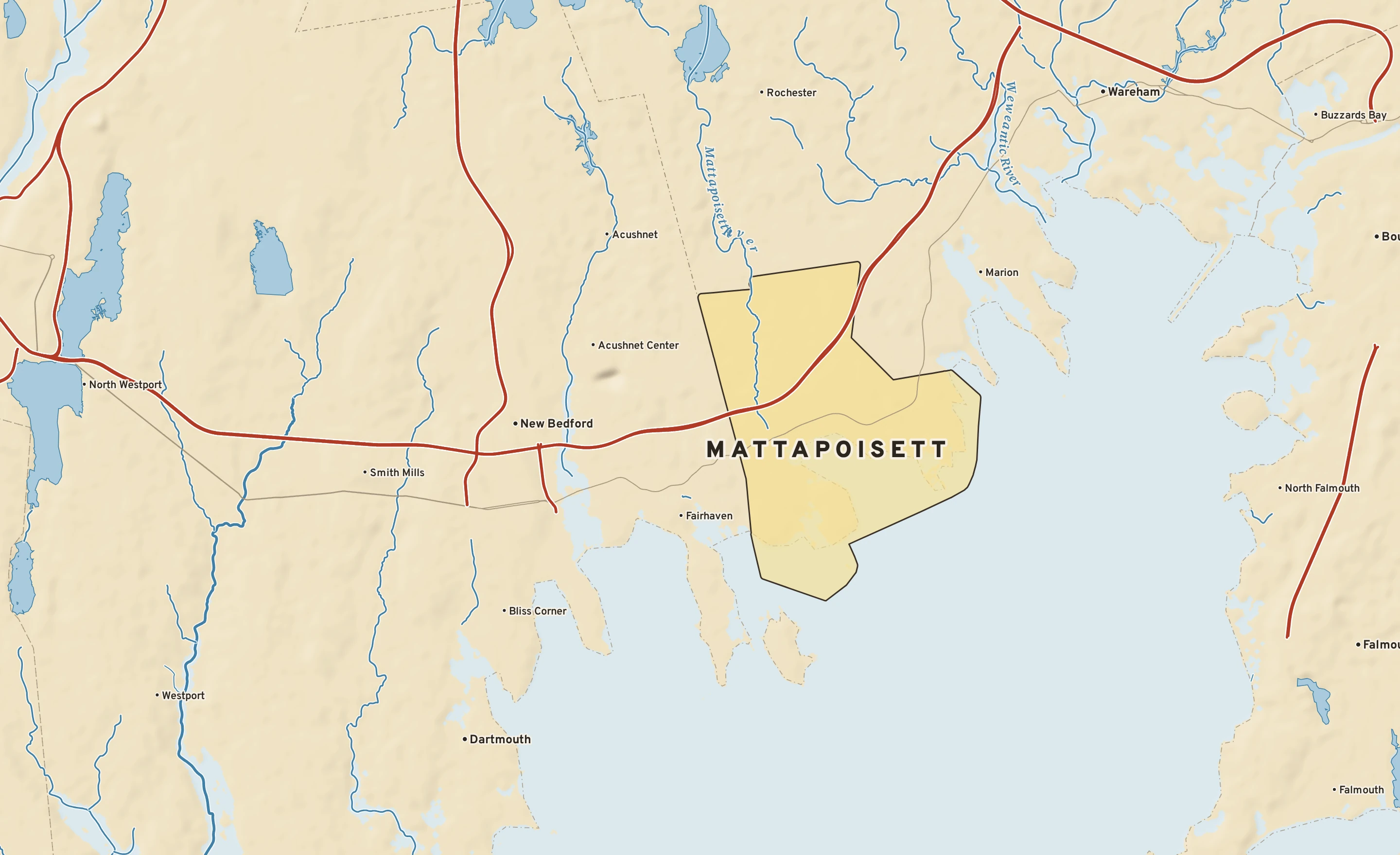 Shaded-relief atlas plate of Mattapoisett, Massachusetts: rivers, roads, the city limits and where the water drains.