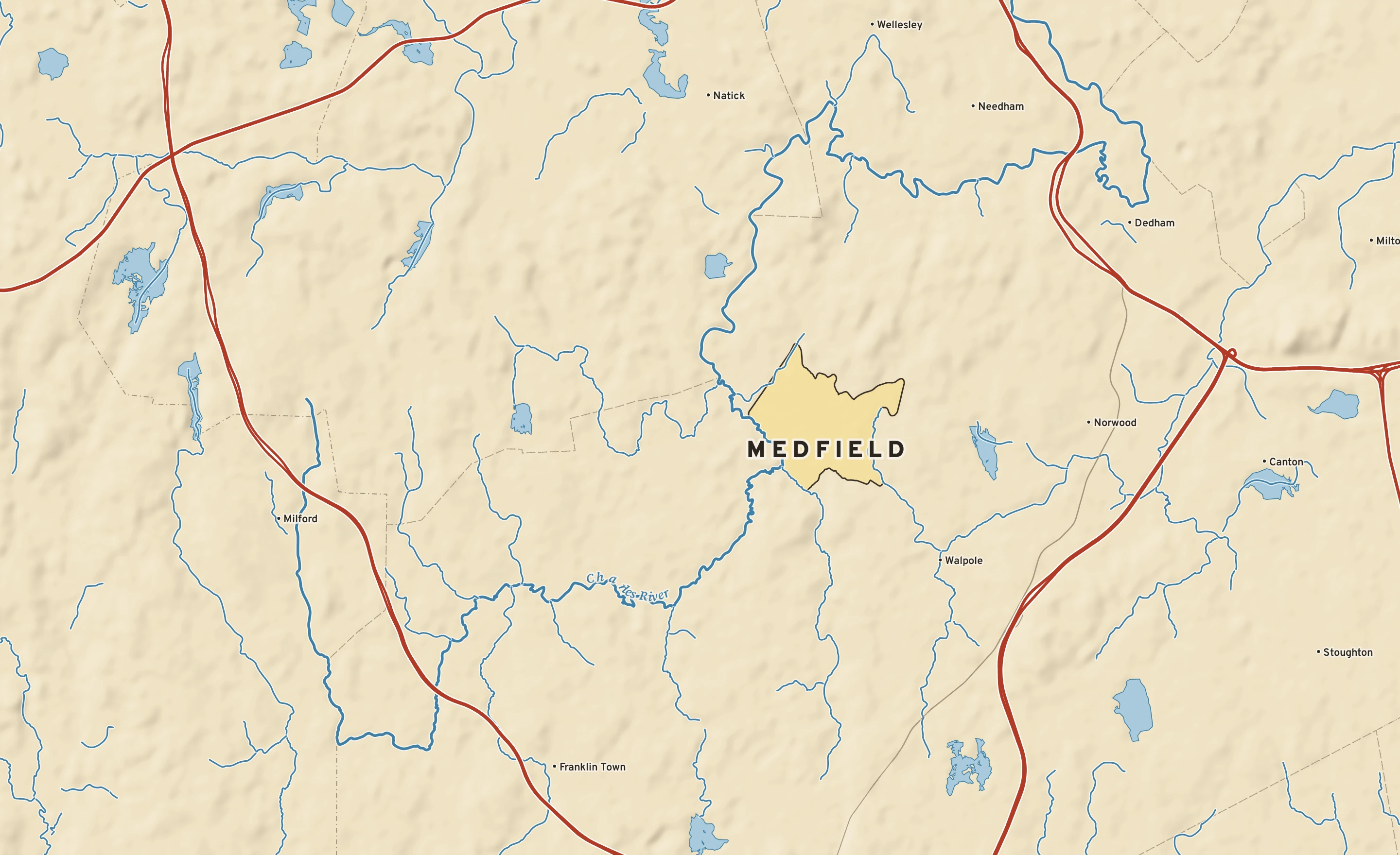Shaded-relief atlas plate of Medfield, Massachusetts: rivers, roads, the city limits and where the water drains.