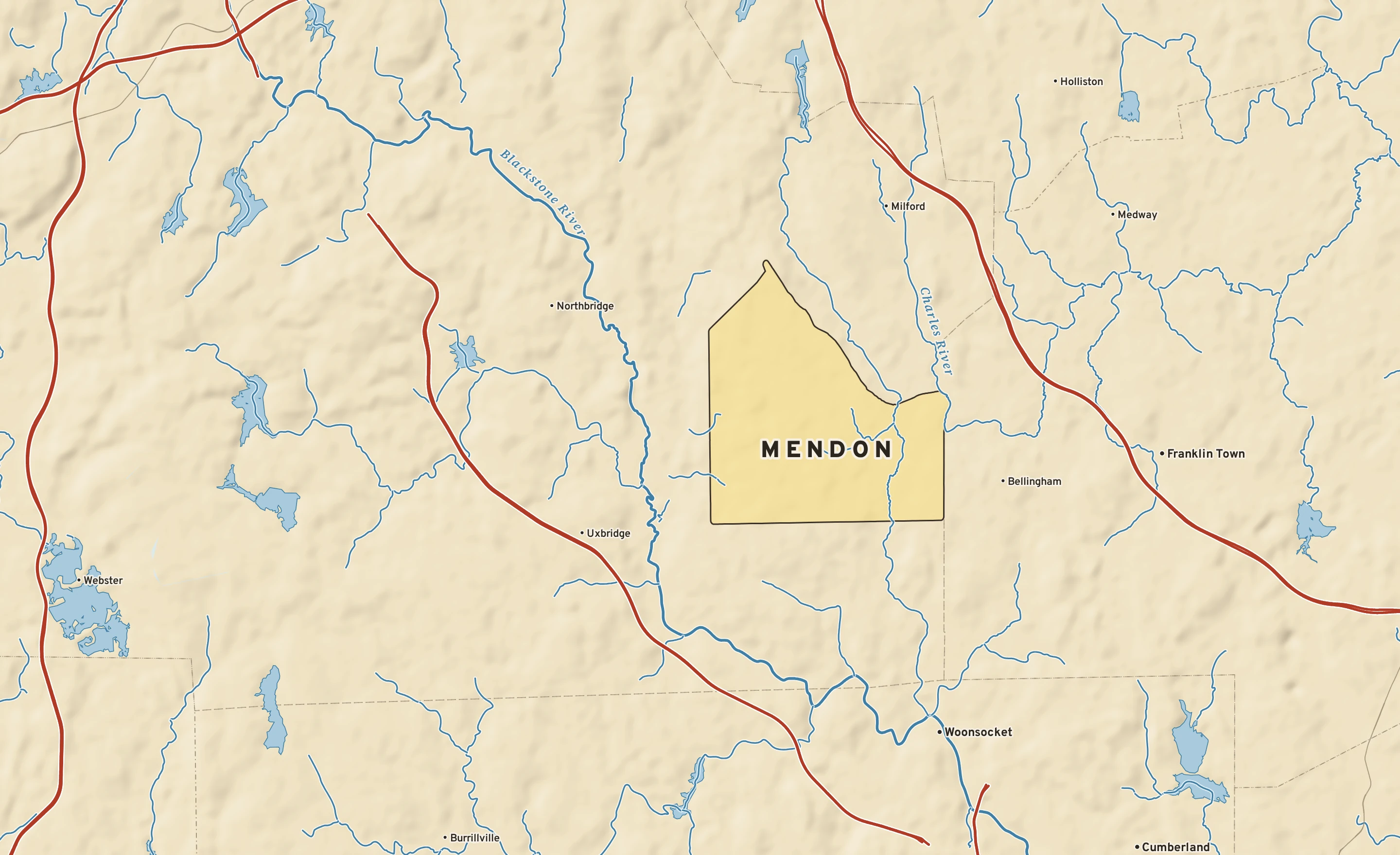 Shaded-relief atlas plate of Mendon, Massachusetts: rivers, roads, the city limits and where the water drains.