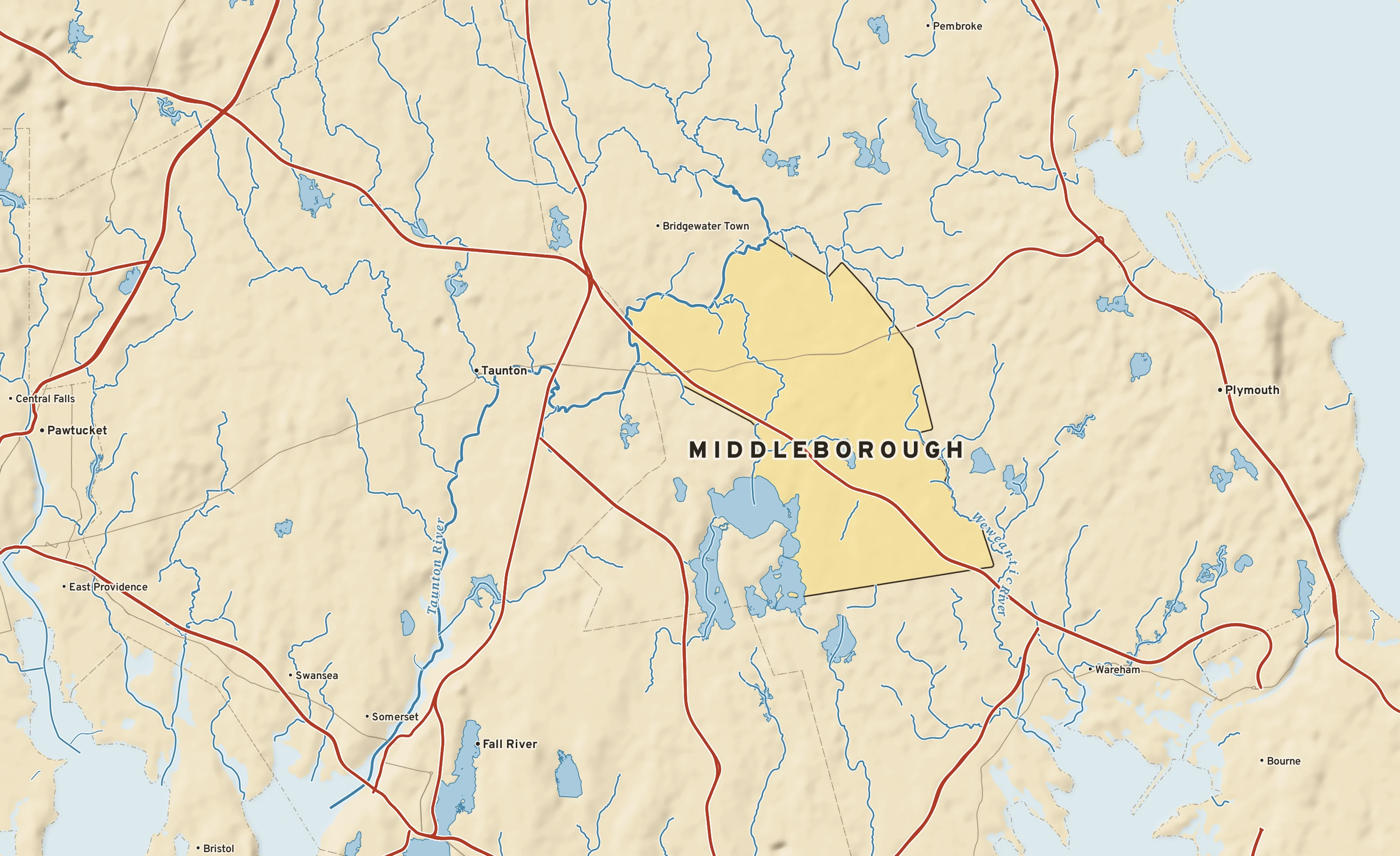 Shaded-relief atlas plate of Middleborough, Massachusetts: rivers, roads, the city limits and where the water drains.