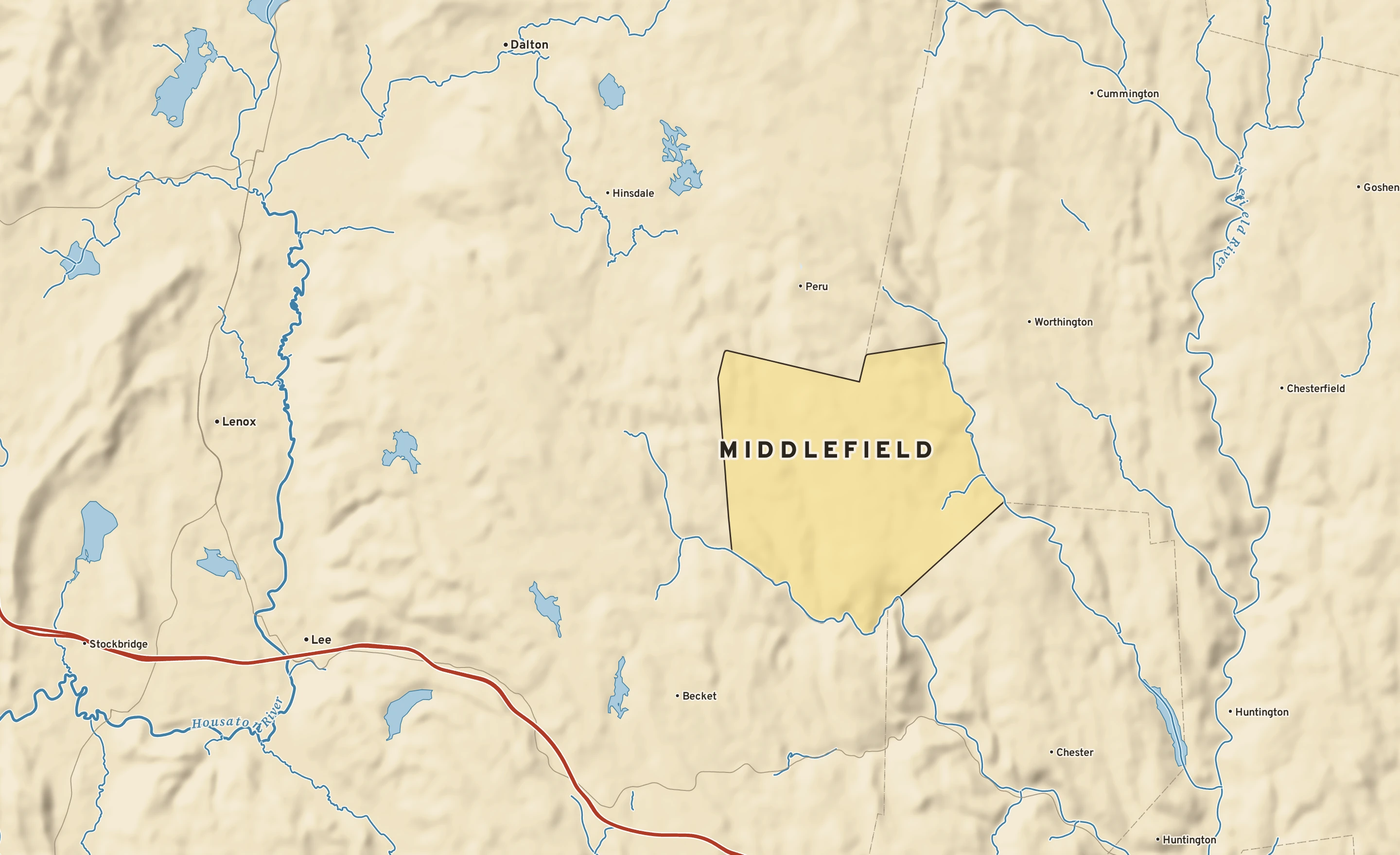 Shaded-relief atlas plate of Middlefield, Massachusetts: rivers, roads, the city limits and where the water drains.