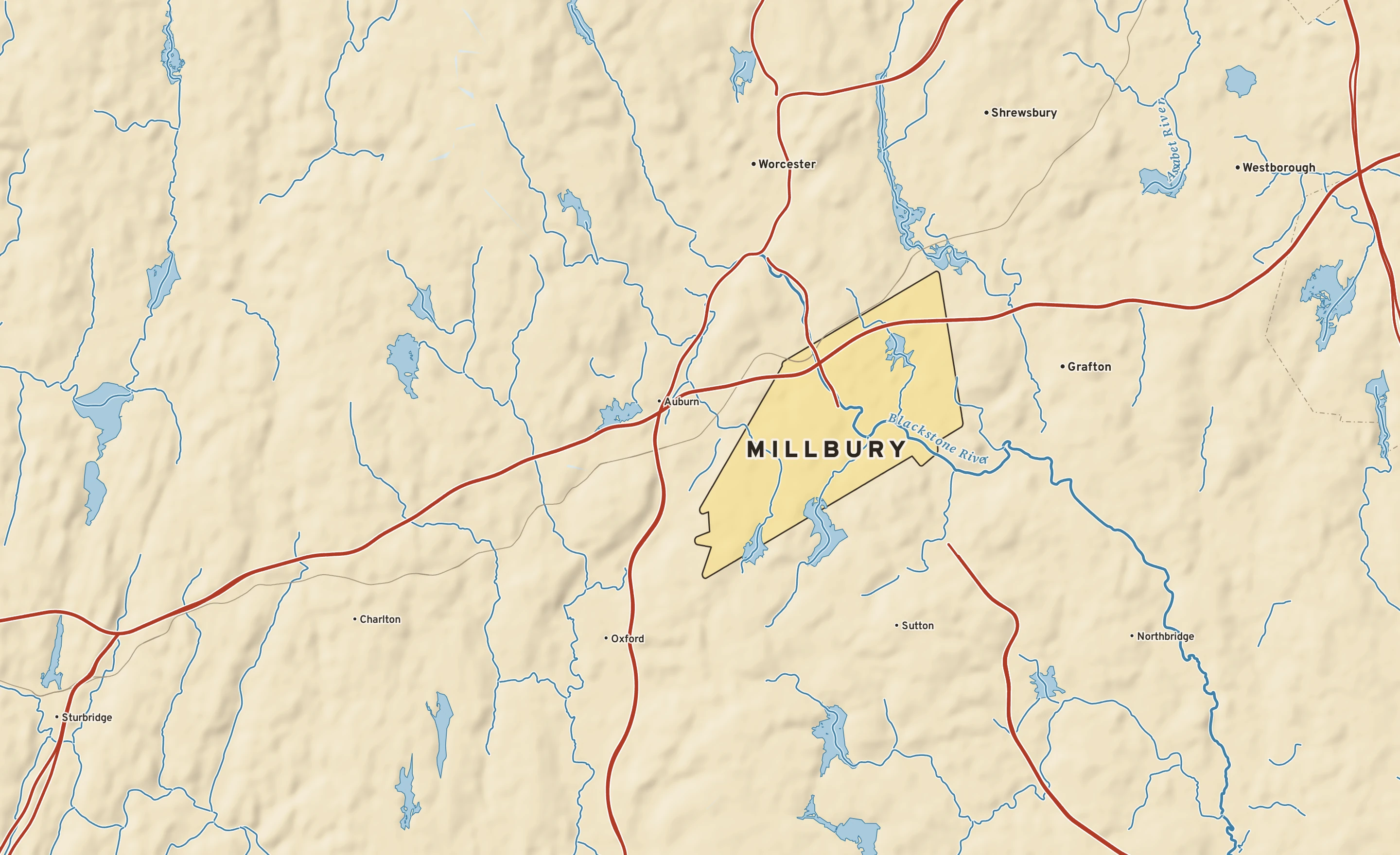 Shaded-relief atlas plate of Millbury, Massachusetts: rivers, roads, the city limits and where the water drains.