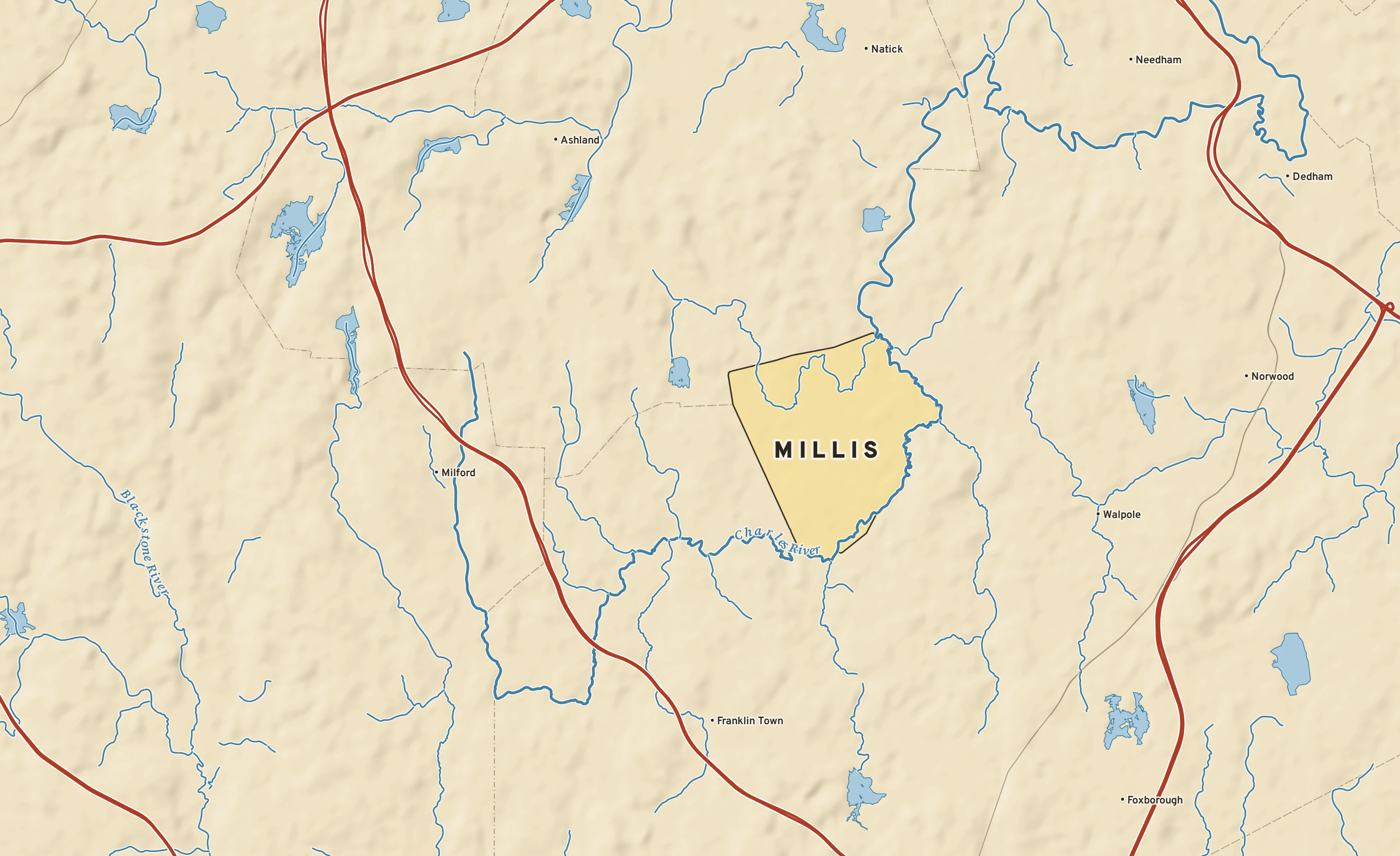 Shaded-relief atlas plate of Millis, Massachusetts: rivers, roads, the city limits and where the water drains.