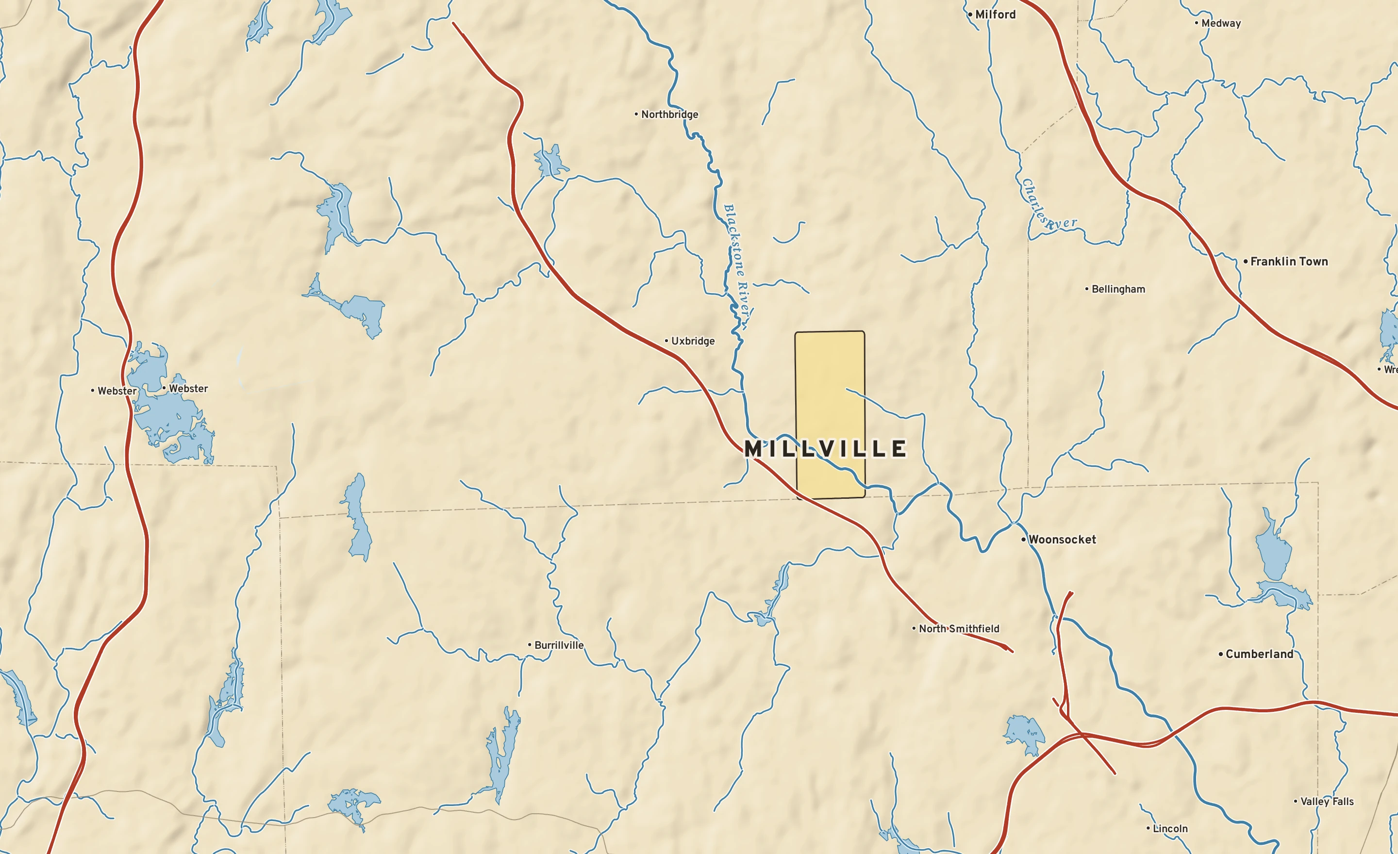 Shaded-relief atlas plate of Millville, Massachusetts: rivers, roads, the city limits and where the water drains.