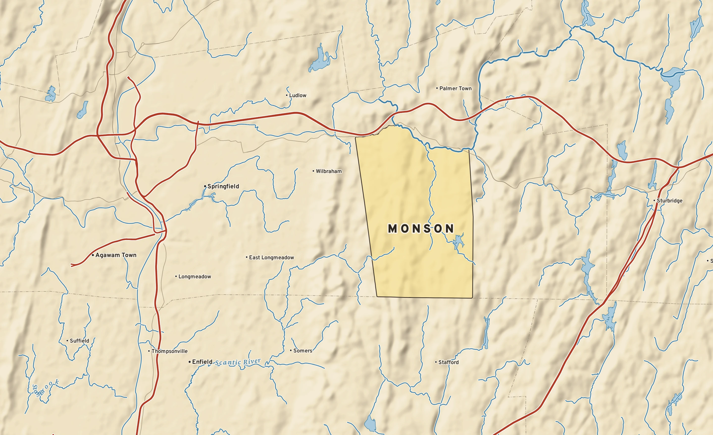 Shaded-relief atlas plate of Monson, Massachusetts: rivers, roads, the city limits and where the water drains.