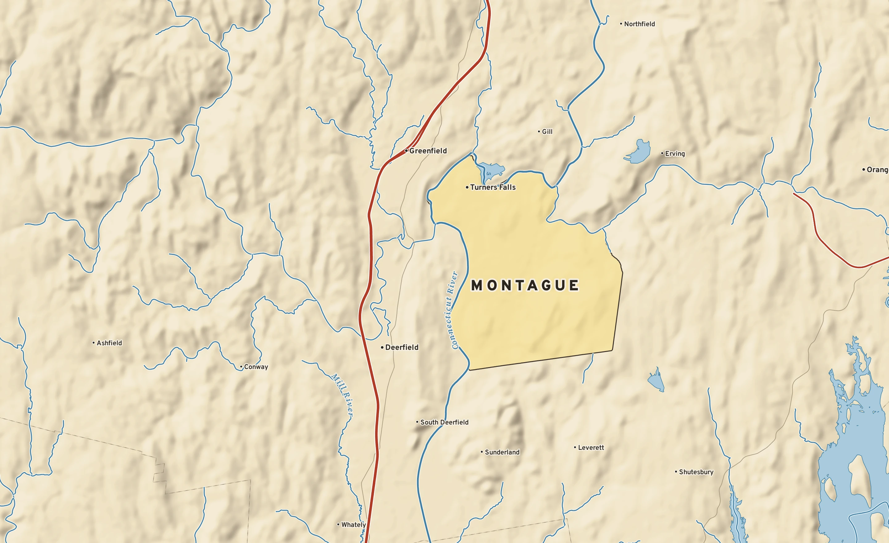 Shaded-relief atlas plate of Montague, Massachusetts: rivers, roads, the city limits and where the water drains.