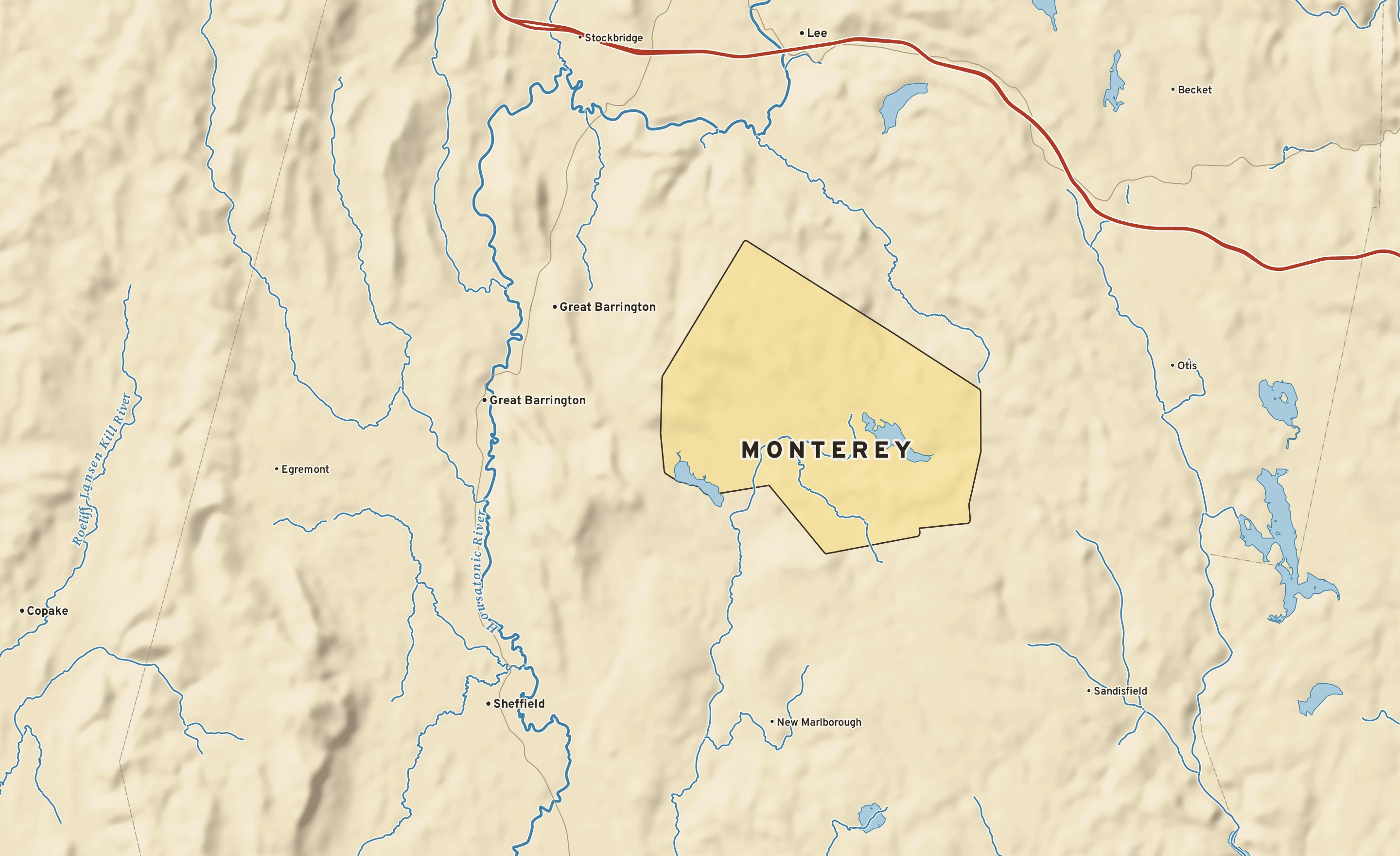 Shaded-relief atlas plate of Monterey, Massachusetts: rivers, roads, the city limits and where the water drains.