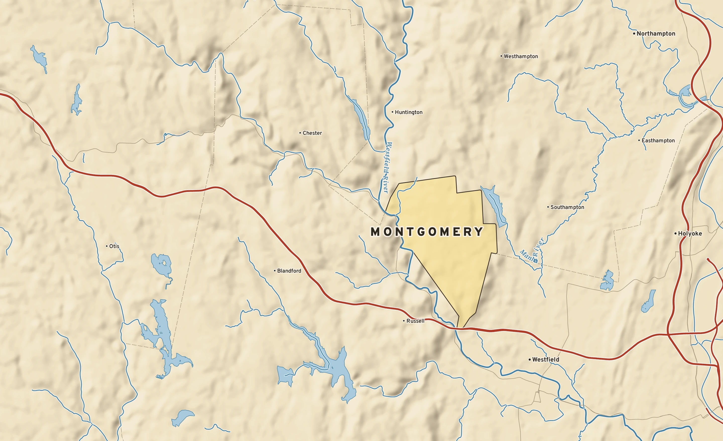 Shaded-relief atlas plate of Montgomery, Massachusetts: rivers, roads, the city limits and where the water drains.