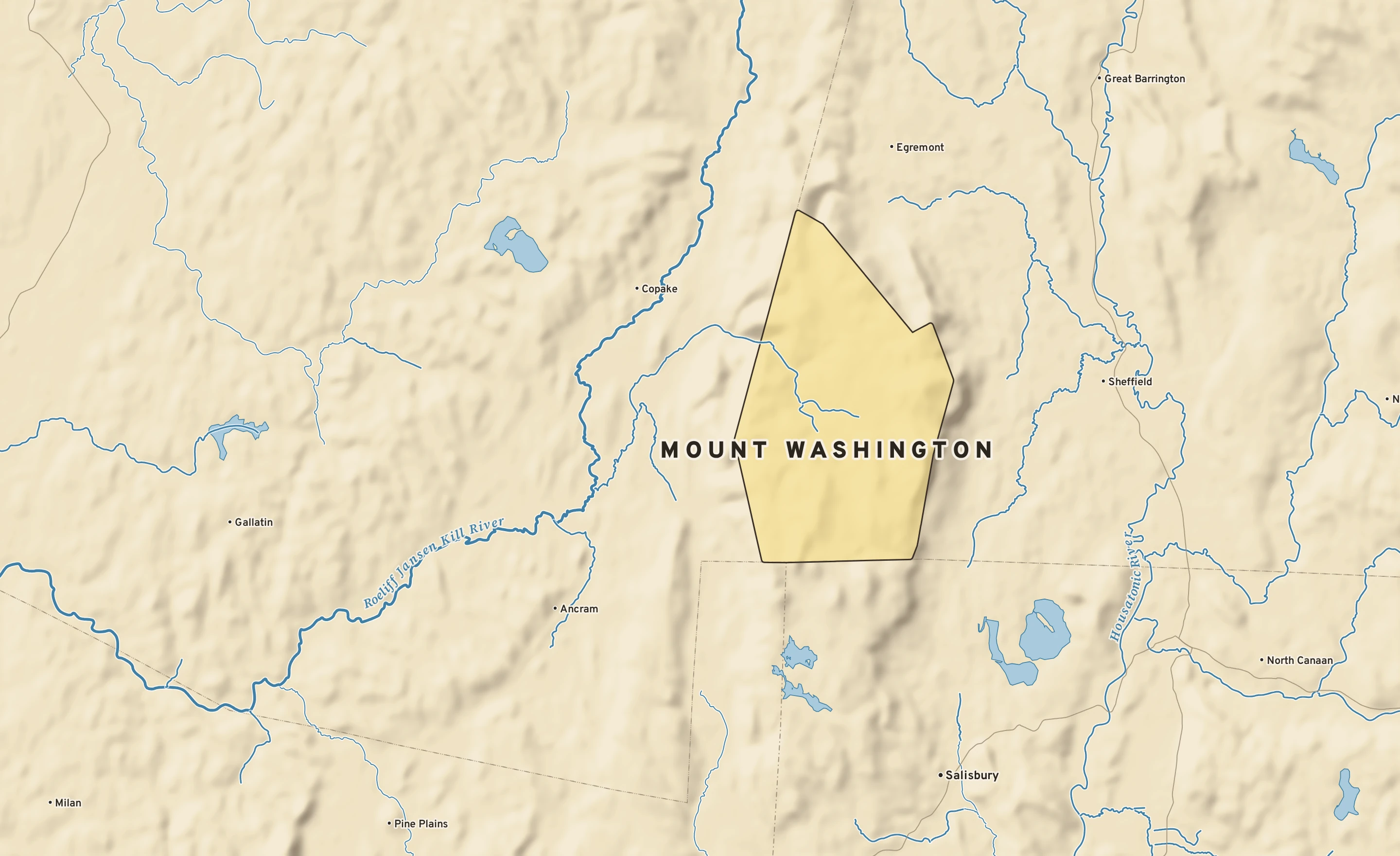 Shaded-relief atlas plate of Mount Washington, Massachusetts: rivers, roads, the city limits and where the water drains.