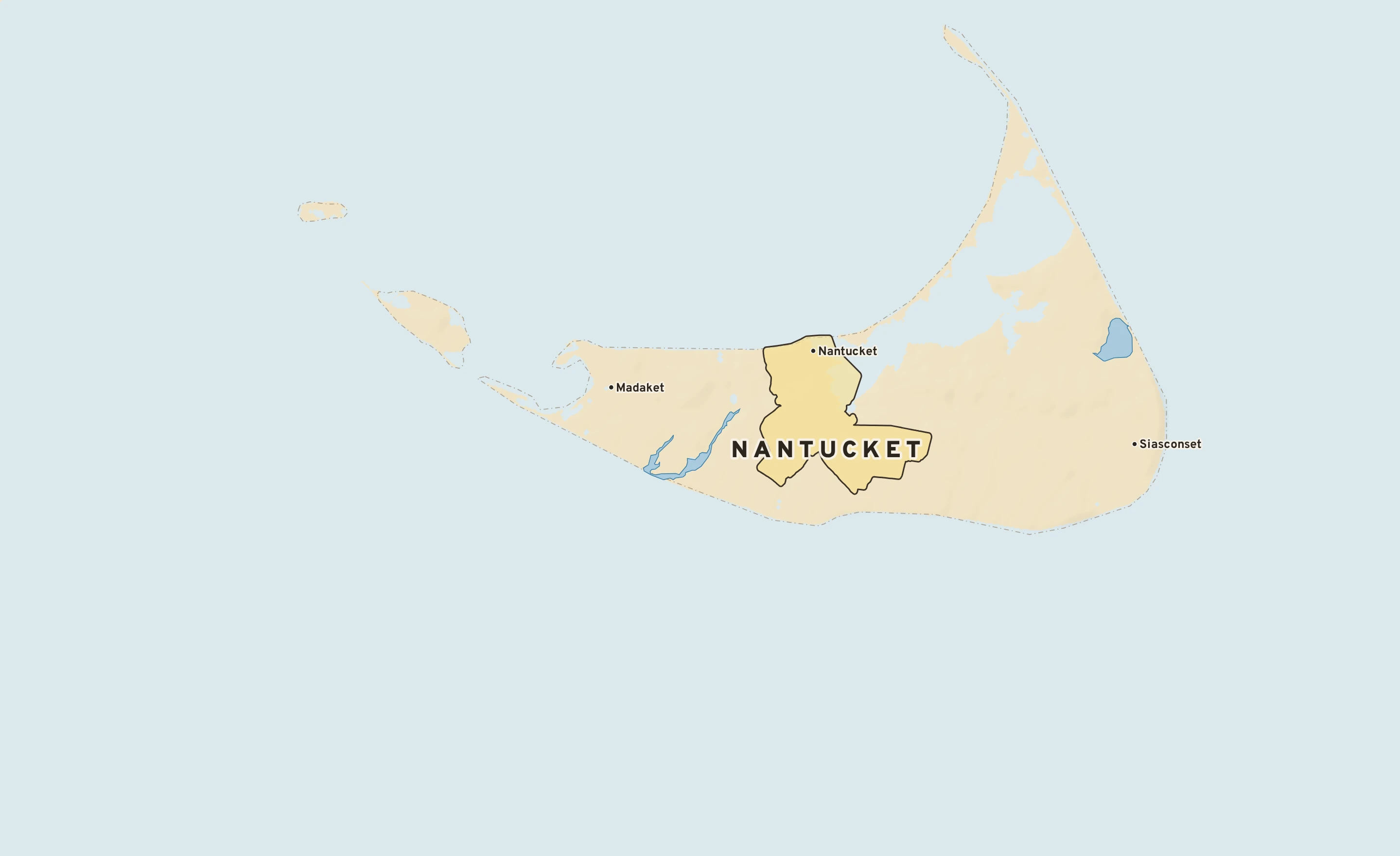 Shaded-relief atlas plate of Nantucket, Massachusetts: rivers, roads, the city limits and where the water drains.