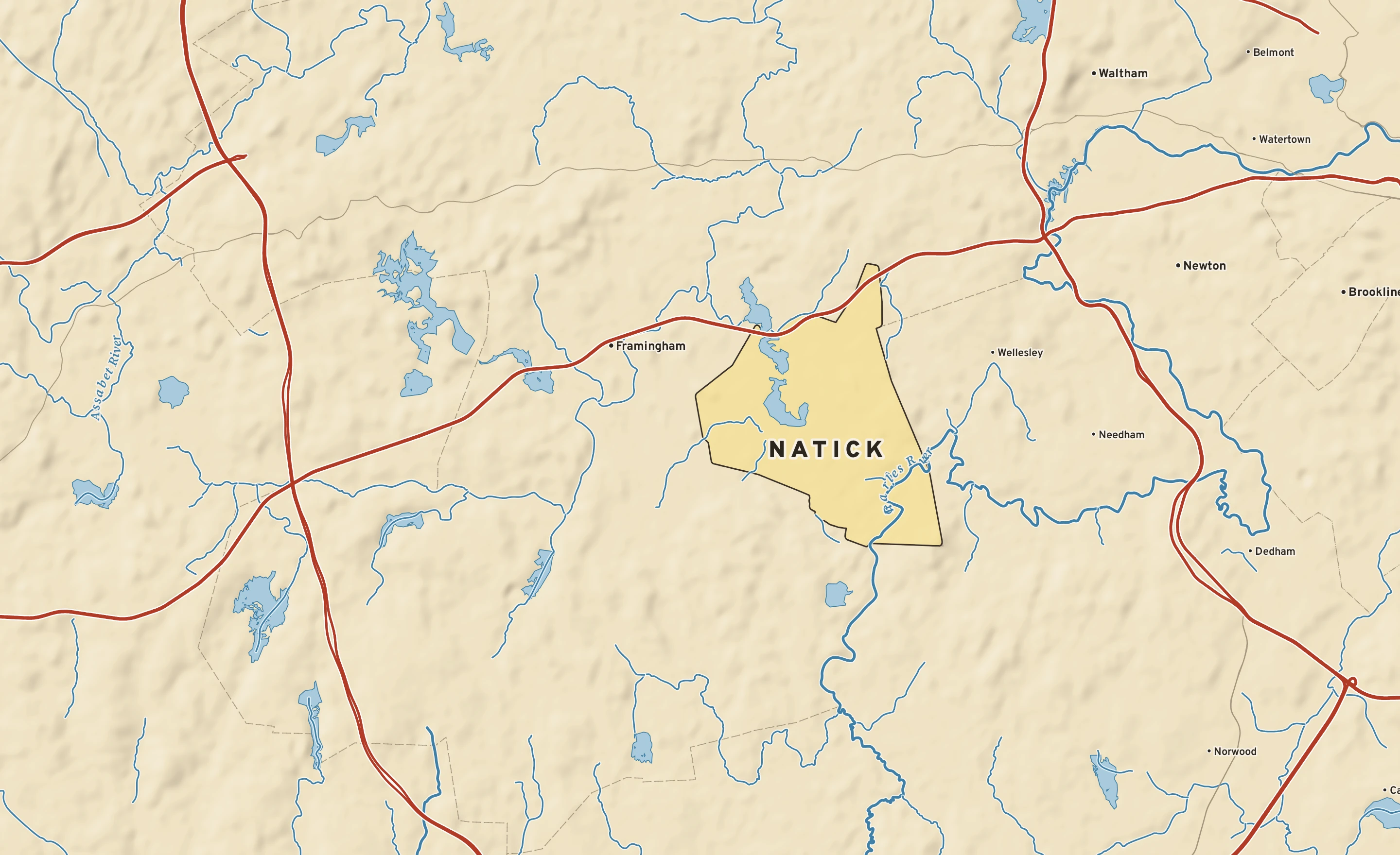 Shaded-relief atlas plate of Natick, Massachusetts: rivers, roads, the city limits and where the water drains.