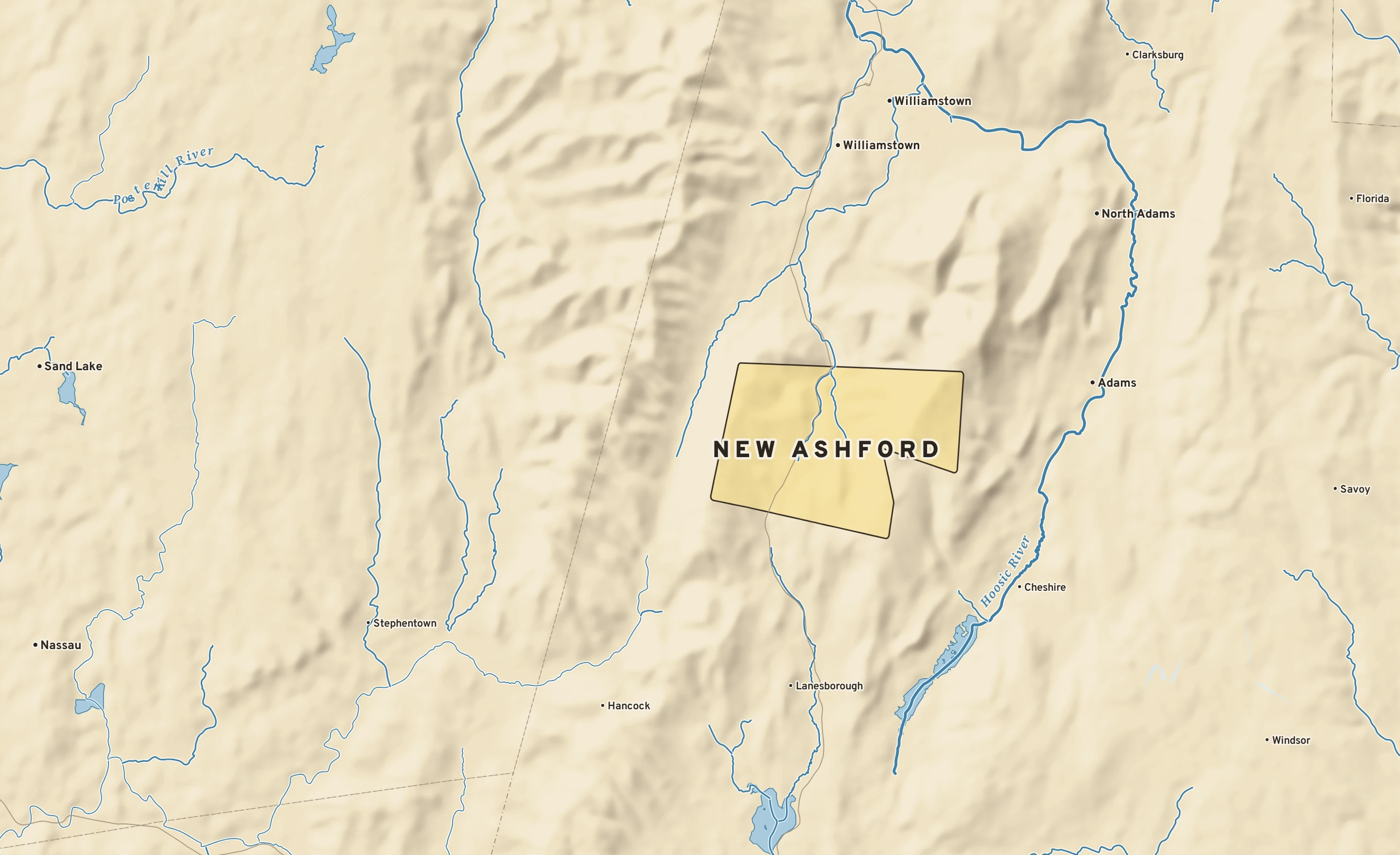 Shaded-relief atlas plate of New Ashford, Massachusetts: rivers, roads, the city limits and where the water drains.