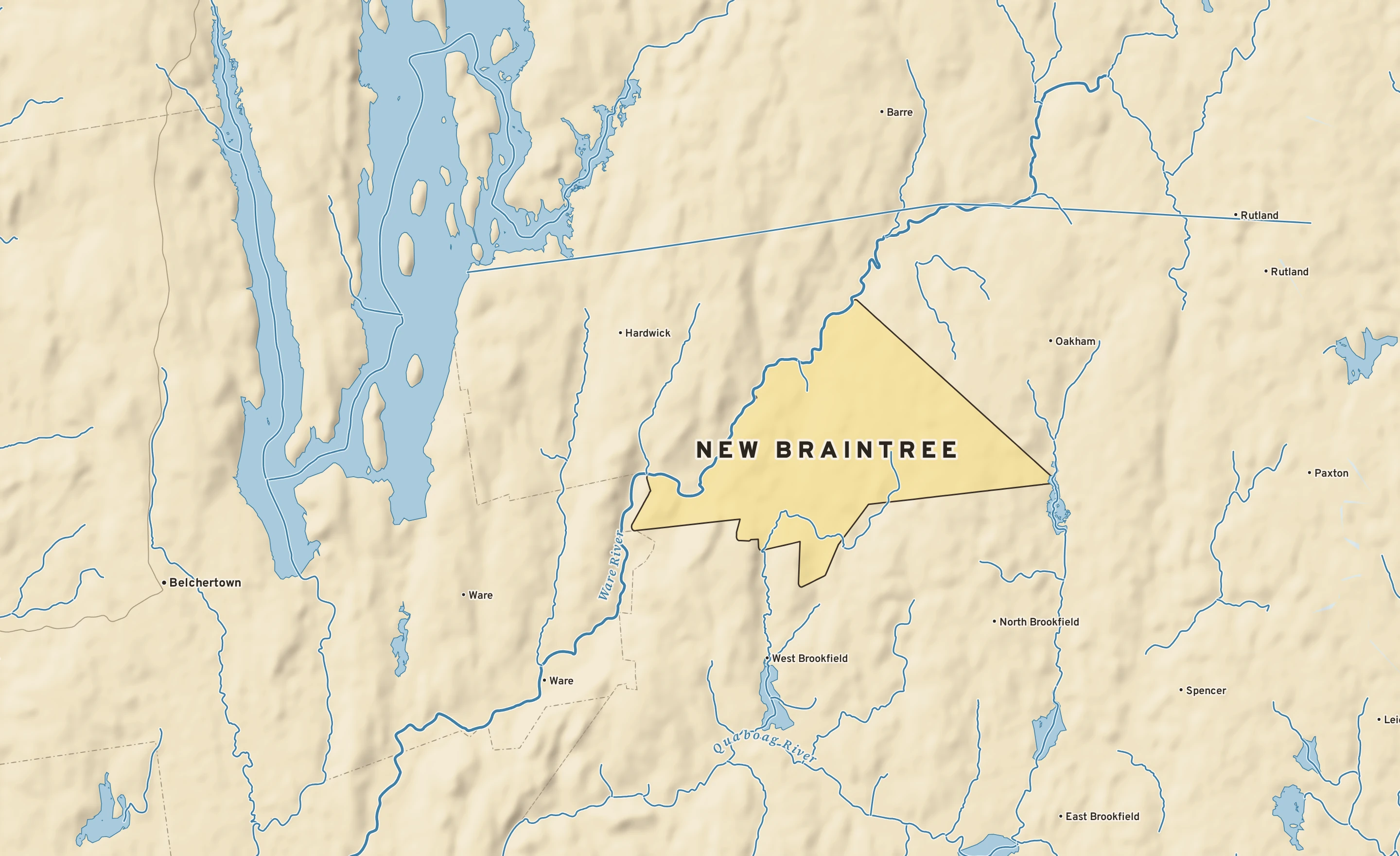 Shaded-relief atlas plate of New Braintree, Massachusetts: rivers, roads, the city limits and where the water drains.