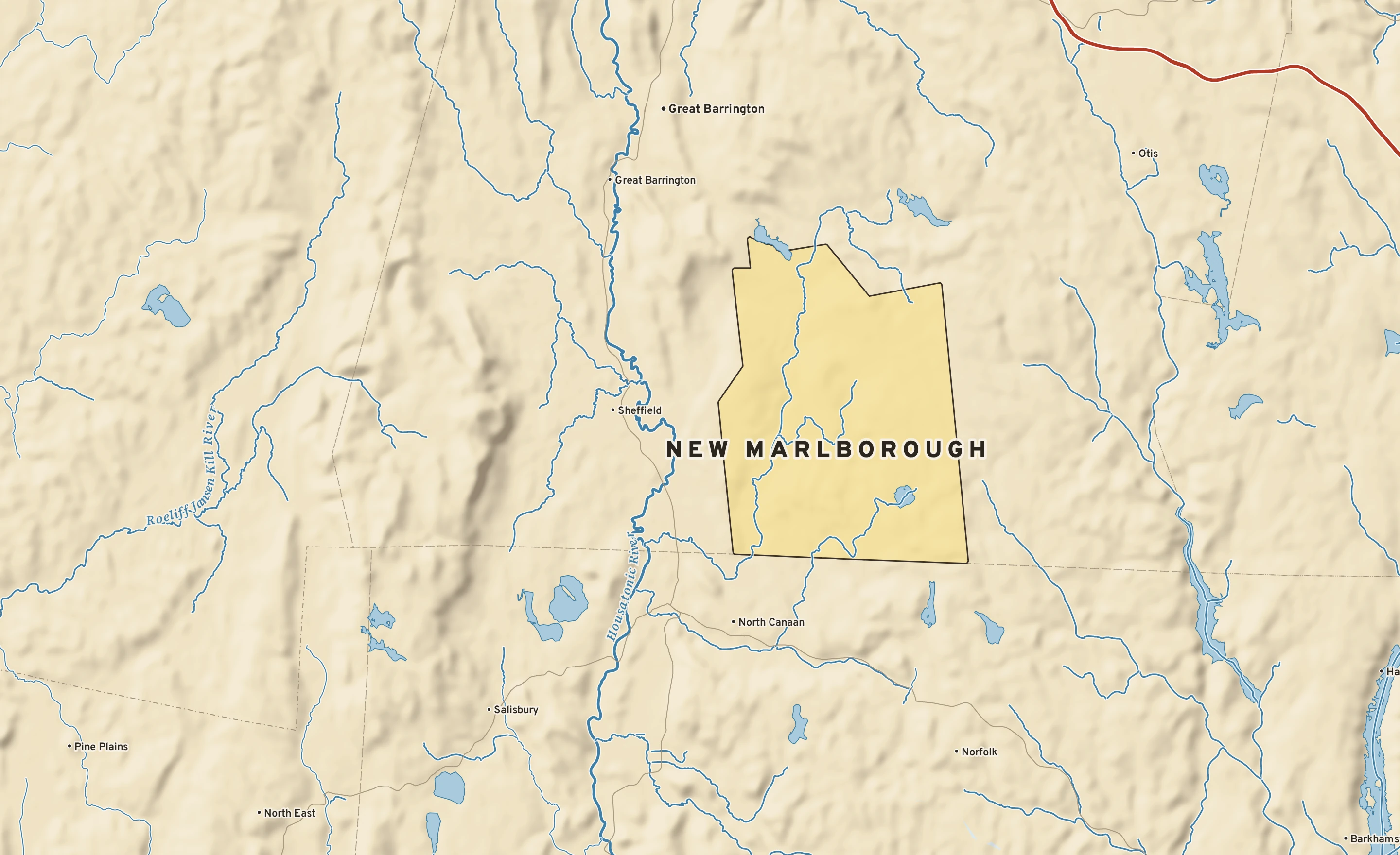 Shaded-relief atlas plate of New Marlborough, Massachusetts: rivers, roads, the city limits and where the water drains.