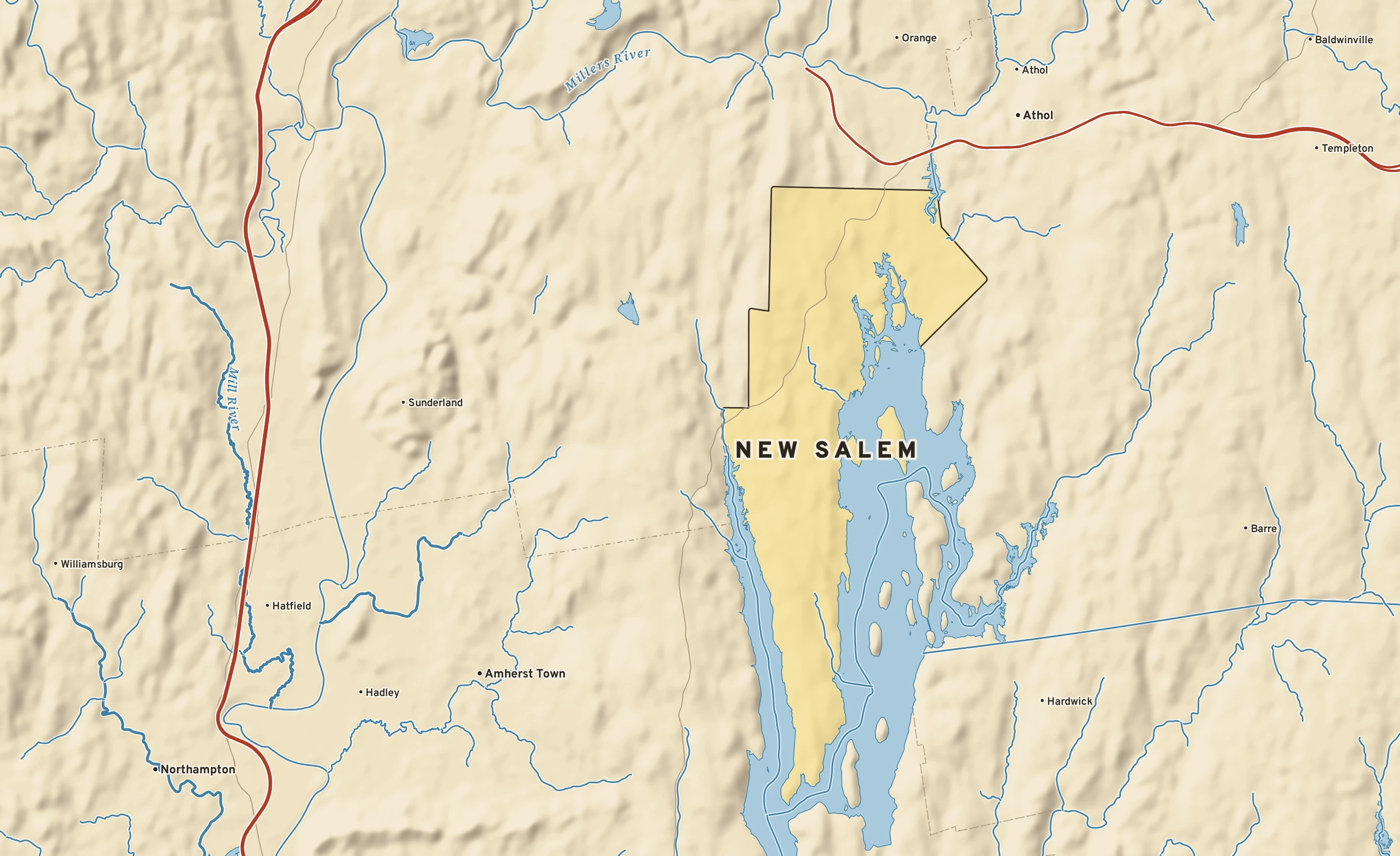 Shaded-relief atlas plate of New Salem, Massachusetts: rivers, roads, the city limits and where the water drains.