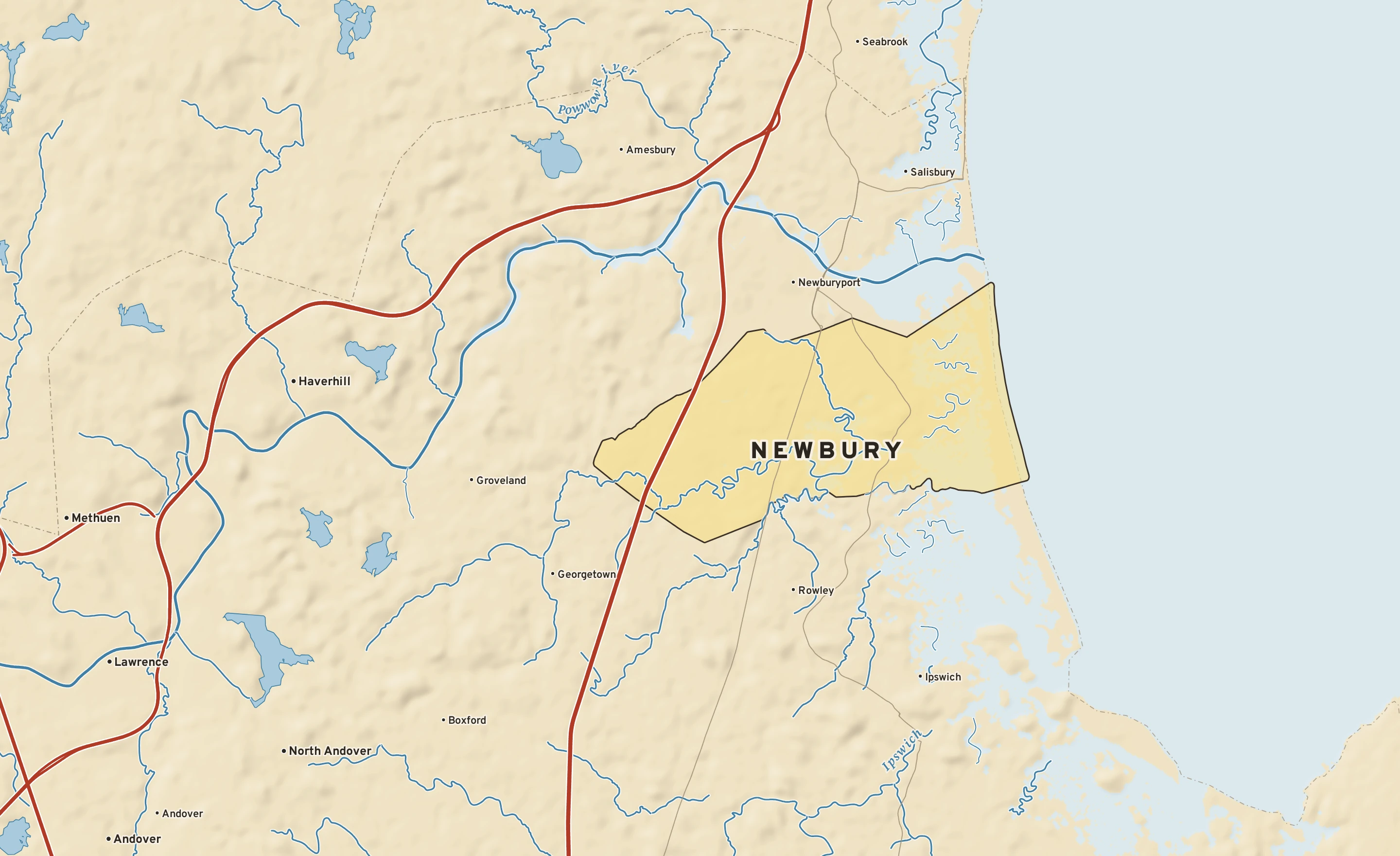Shaded-relief atlas plate of Newbury, Massachusetts: rivers, roads, the city limits and where the water drains.