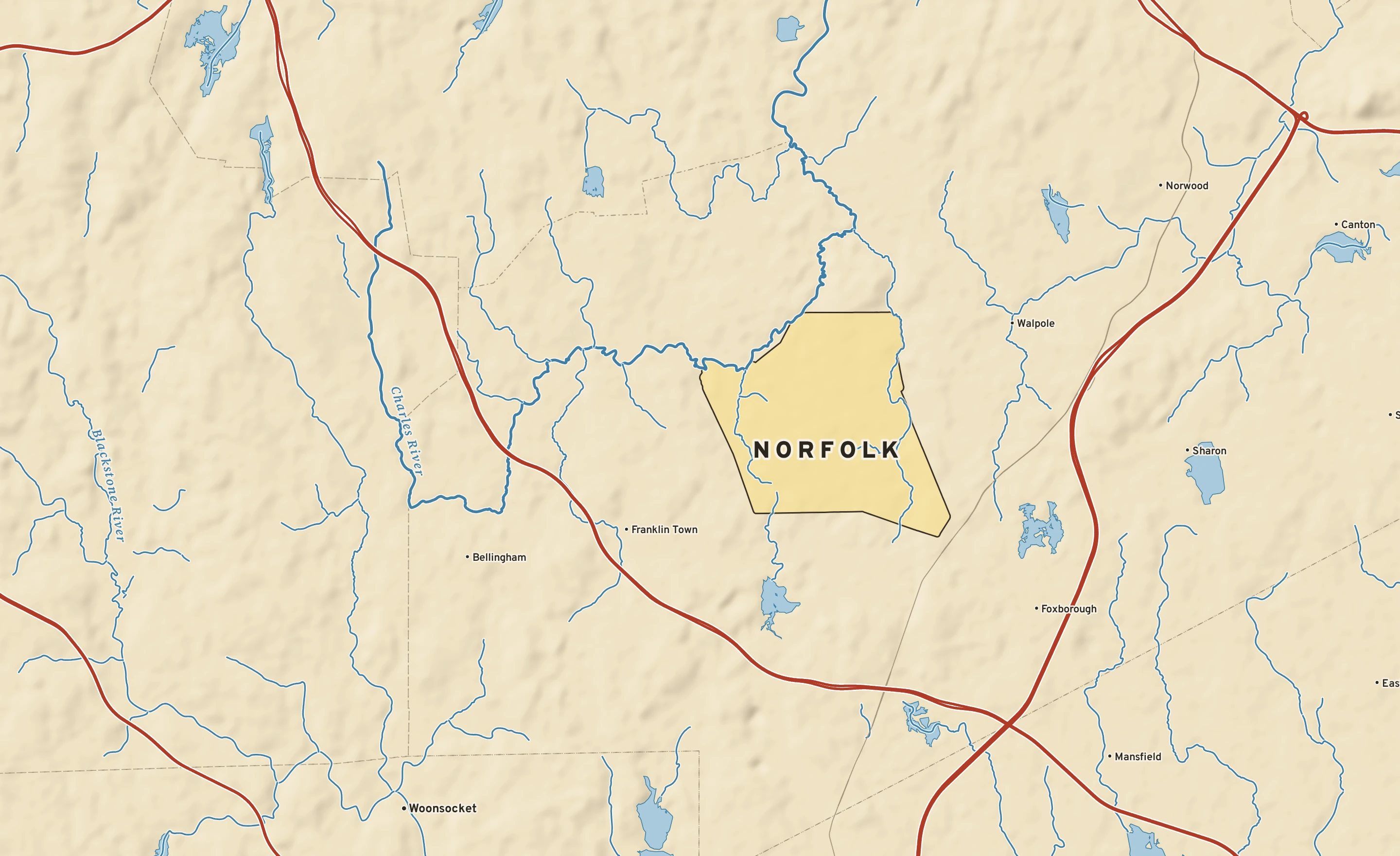 Shaded-relief atlas plate of Norfolk, Massachusetts: rivers, roads, the city limits and where the water drains.