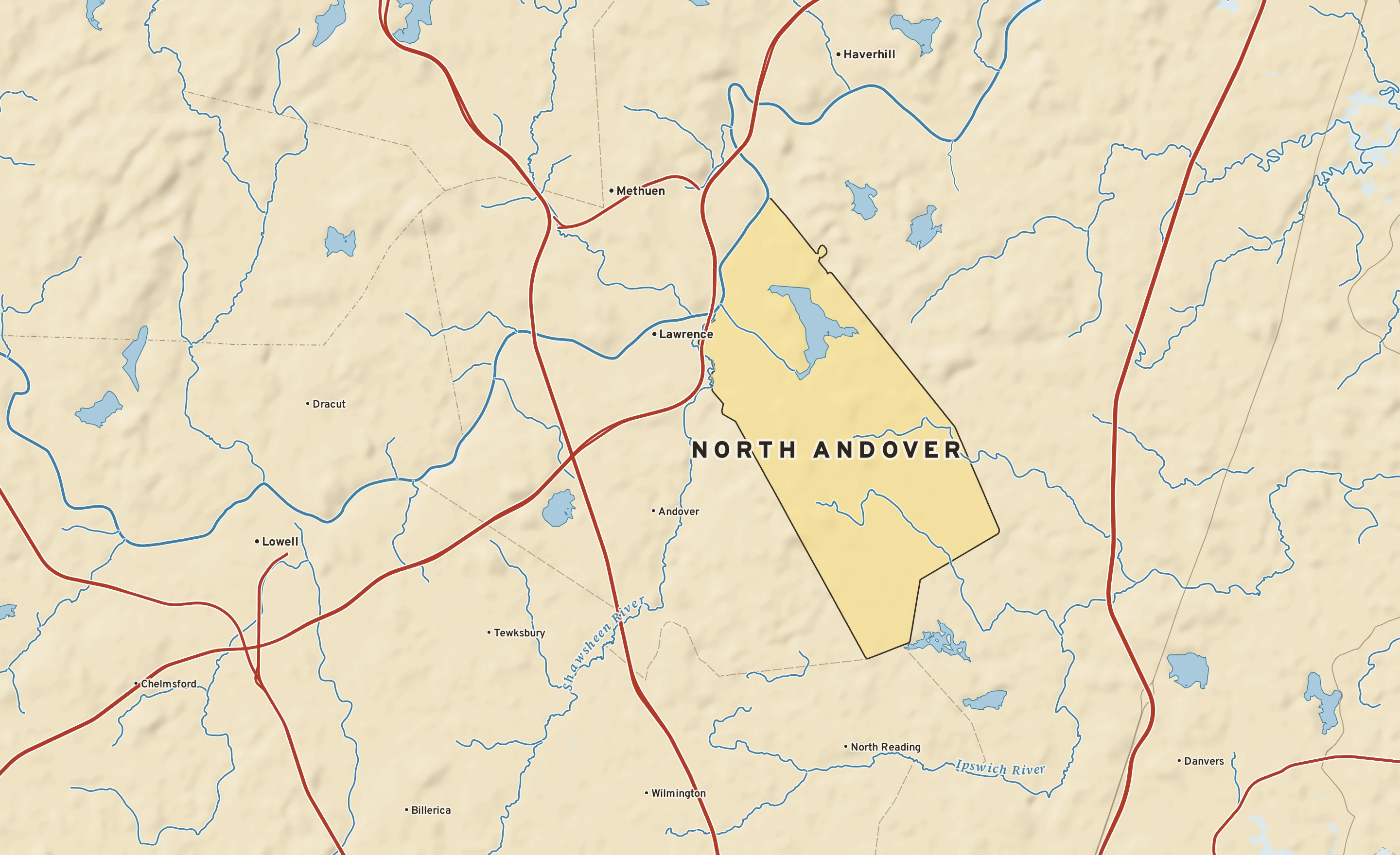 Shaded-relief atlas plate of North Andover, Massachusetts: rivers, roads, the city limits and where the water drains.