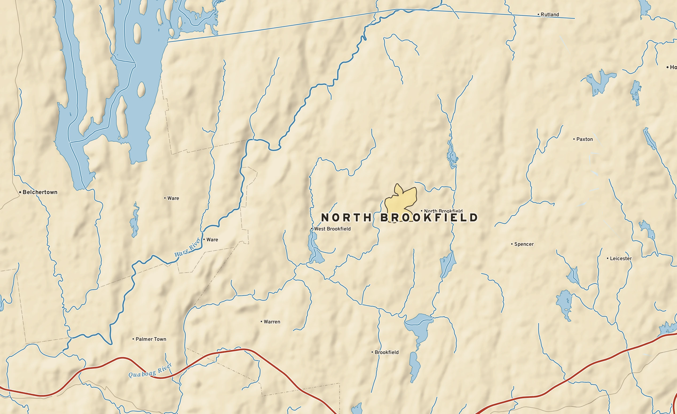 Shaded-relief atlas plate of North Brookfield, Massachusetts: rivers, roads, the city limits and where the water drains.