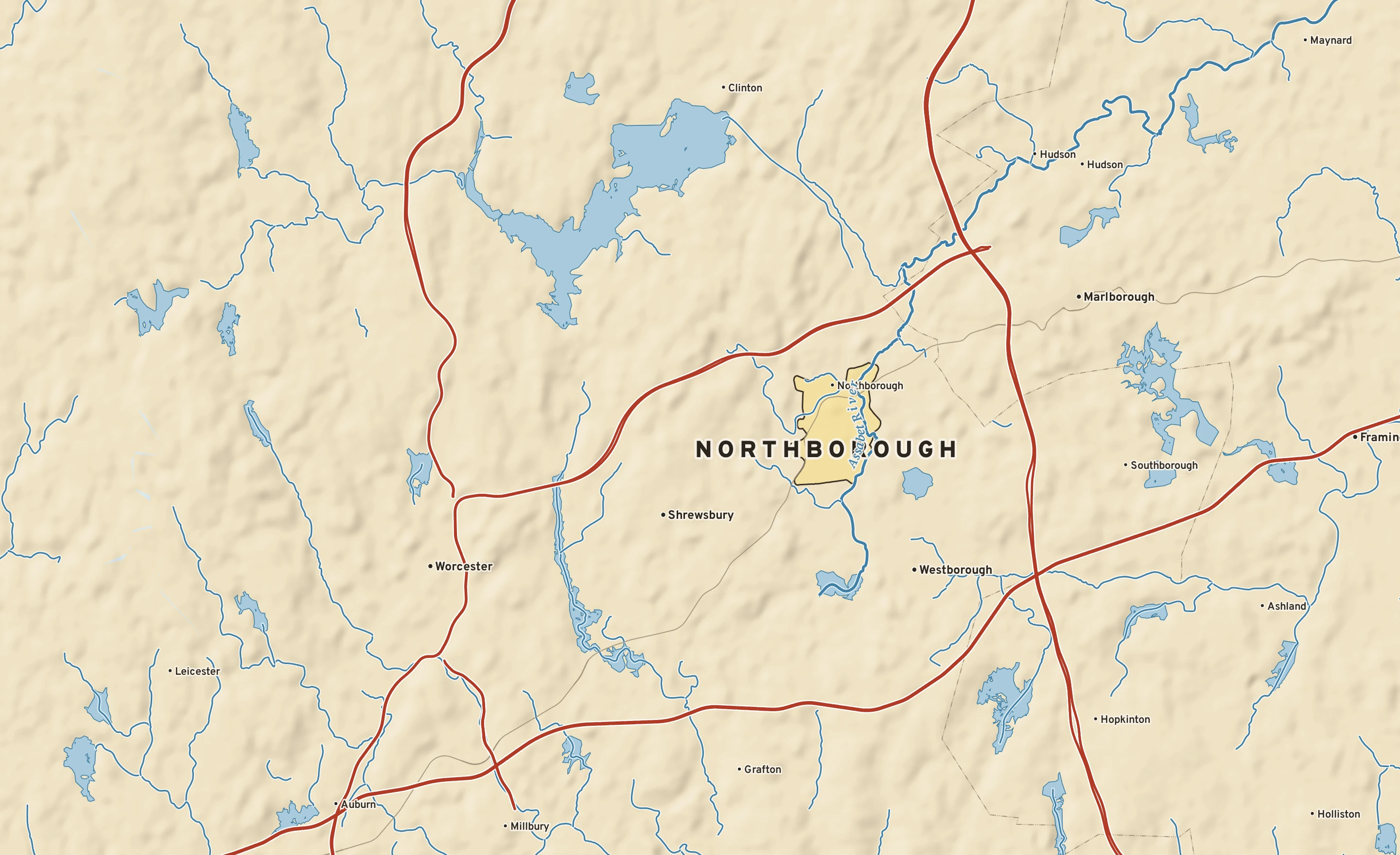 Shaded-relief atlas plate of Northborough, Massachusetts: rivers, roads, the city limits and where the water drains.