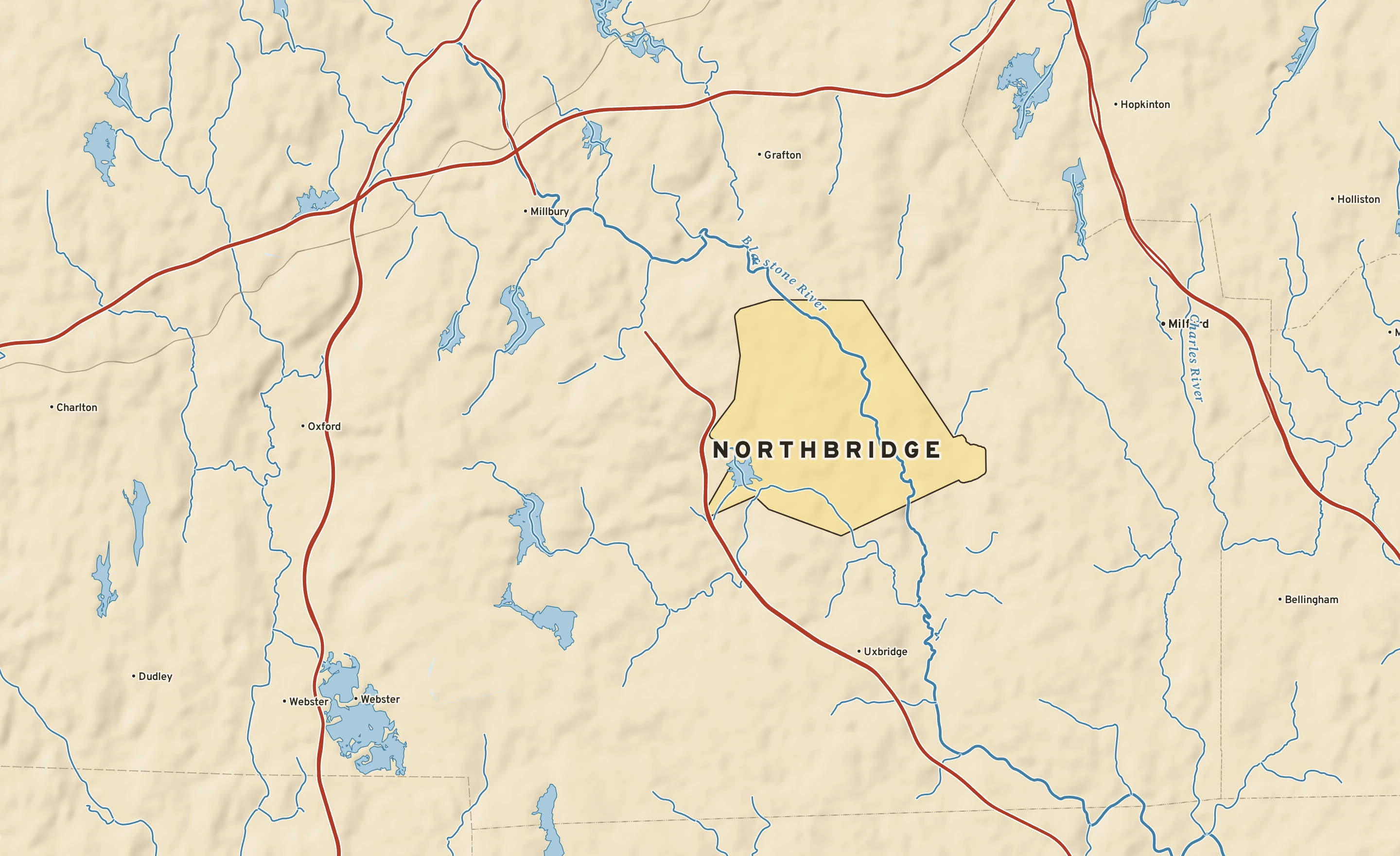 Shaded-relief atlas plate of Northbridge, Massachusetts: rivers, roads, the city limits and where the water drains.