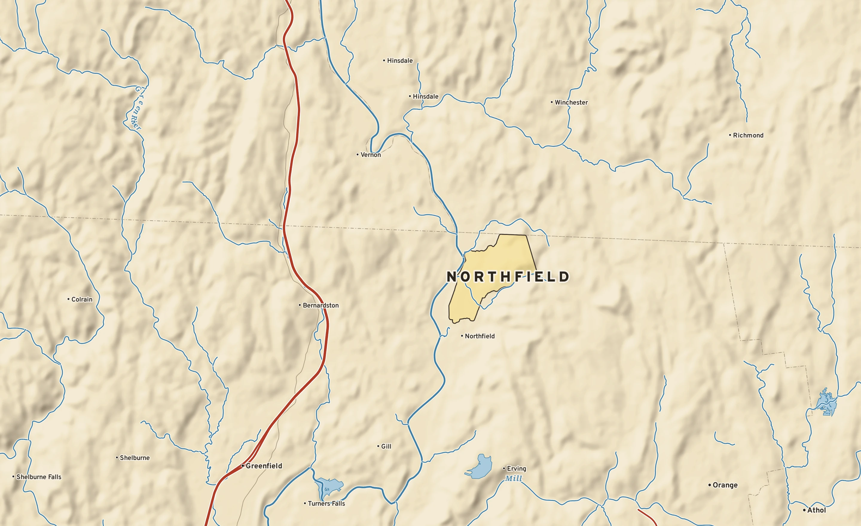 Shaded-relief atlas plate of Northfield, Massachusetts: rivers, roads, the city limits and where the water drains.