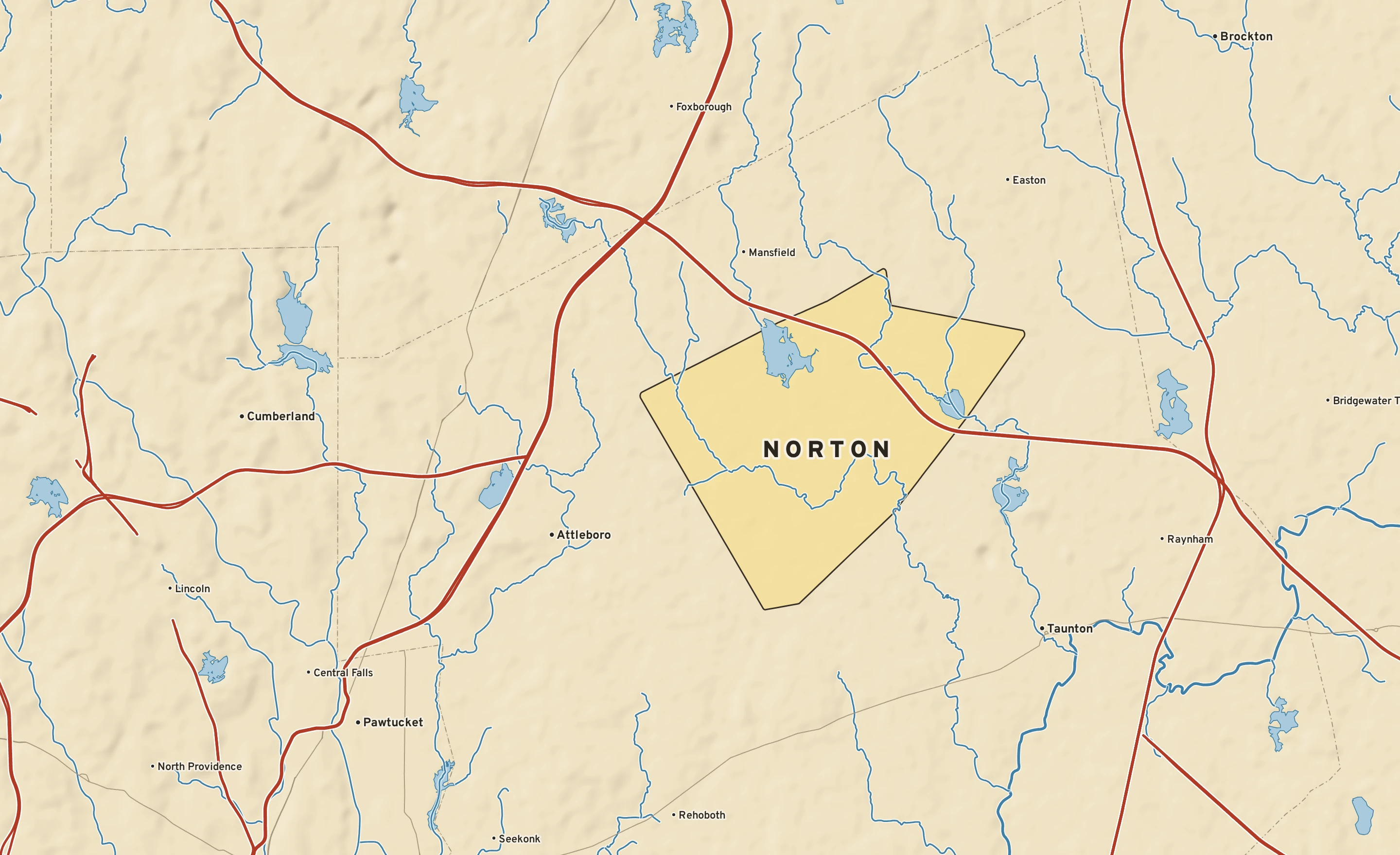 Shaded-relief atlas plate of Norton, Massachusetts: rivers, roads, the city limits and where the water drains.