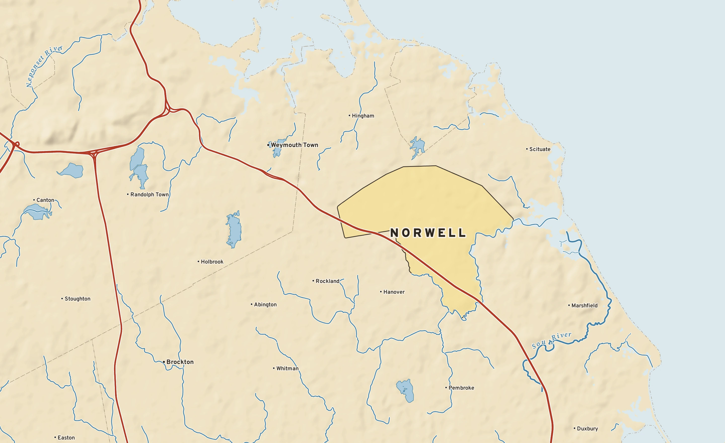 Shaded-relief atlas plate of Norwell, Massachusetts: rivers, roads, the city limits and where the water drains.