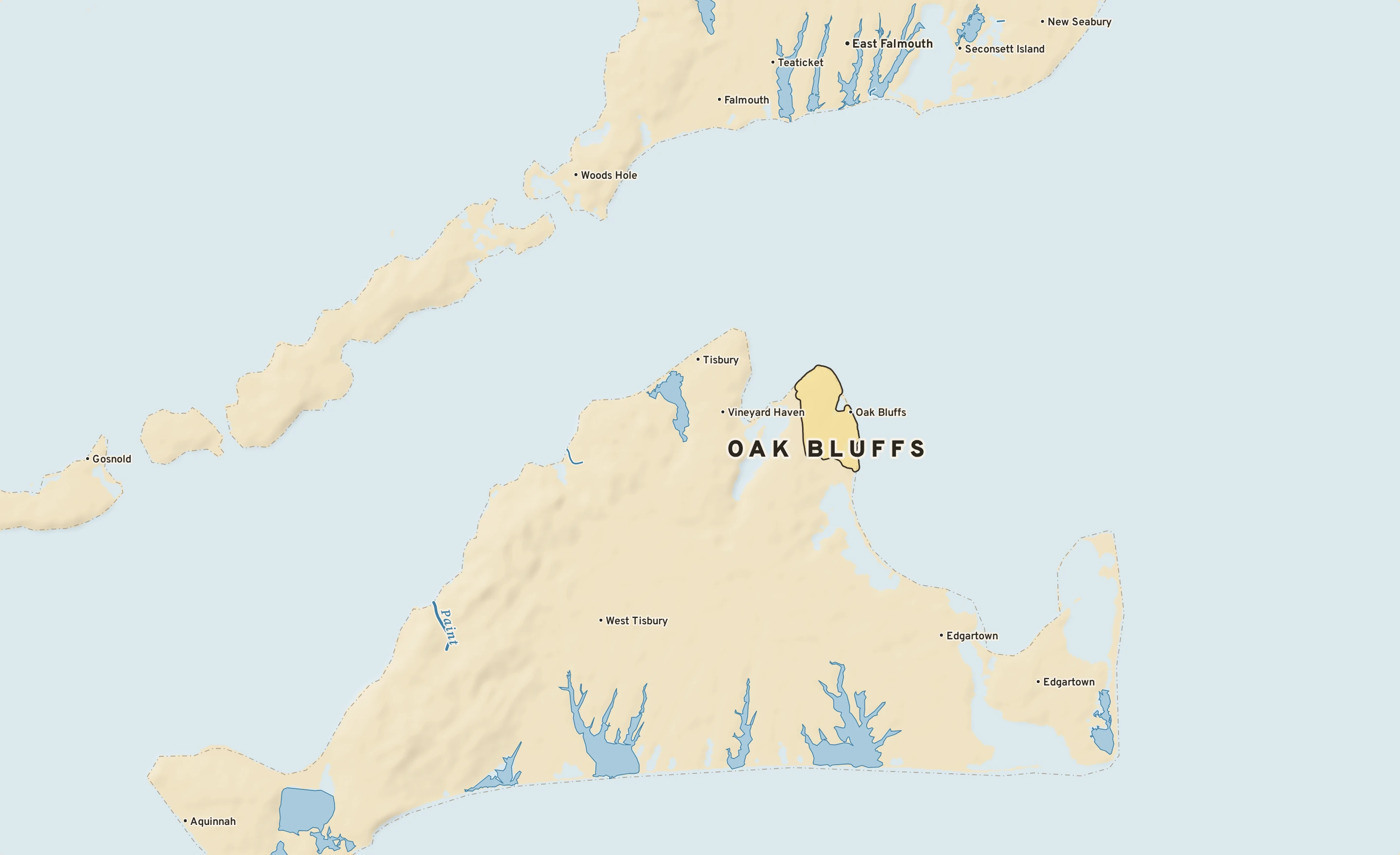 Shaded-relief atlas plate of Oak Bluffs, Massachusetts: rivers, roads, the city limits and where the water drains.